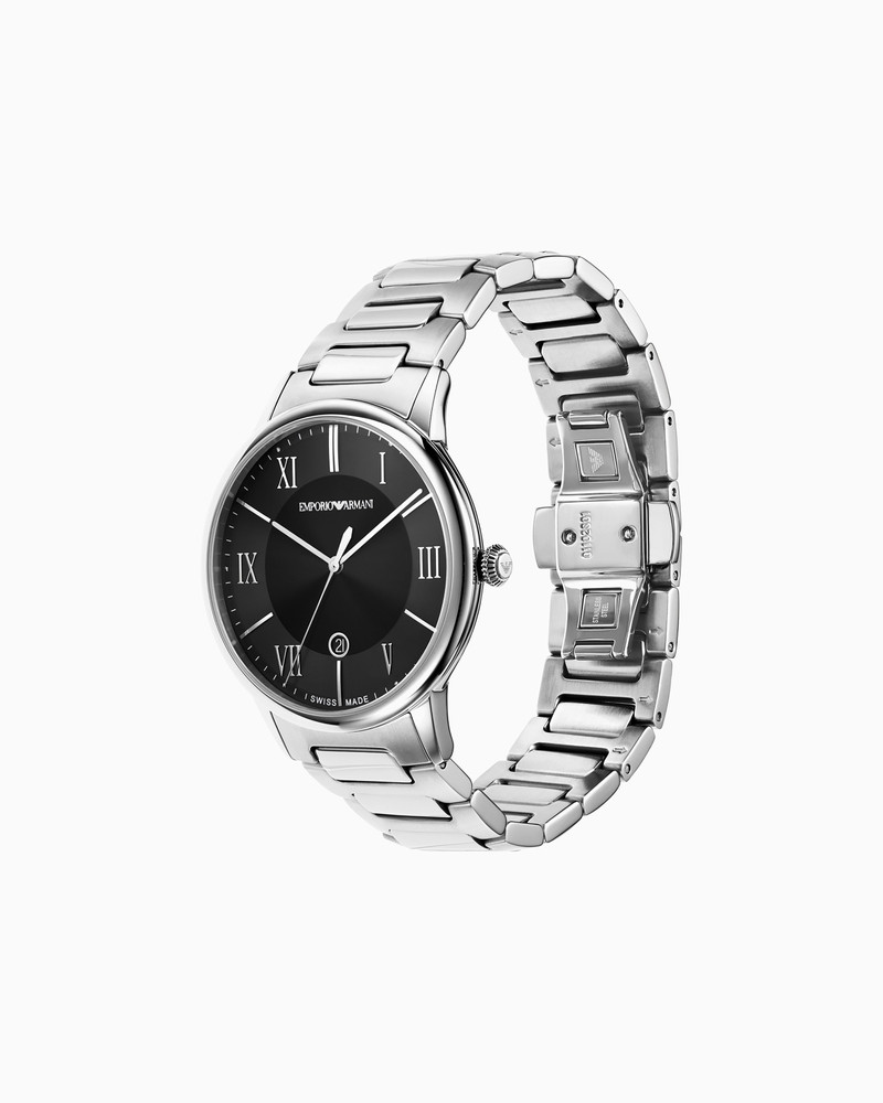 EMPORIO ARMANI SWISS MADE THREE-HAND DATE STAINLESS STEEL WATCH outlook