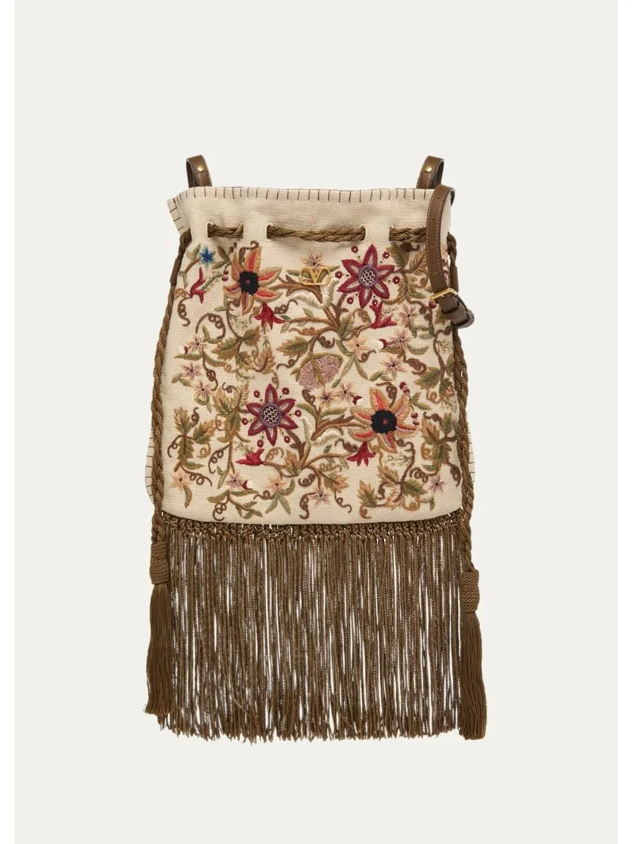Fringed Floral-Embroidered Pouch Shoulder bag - 1