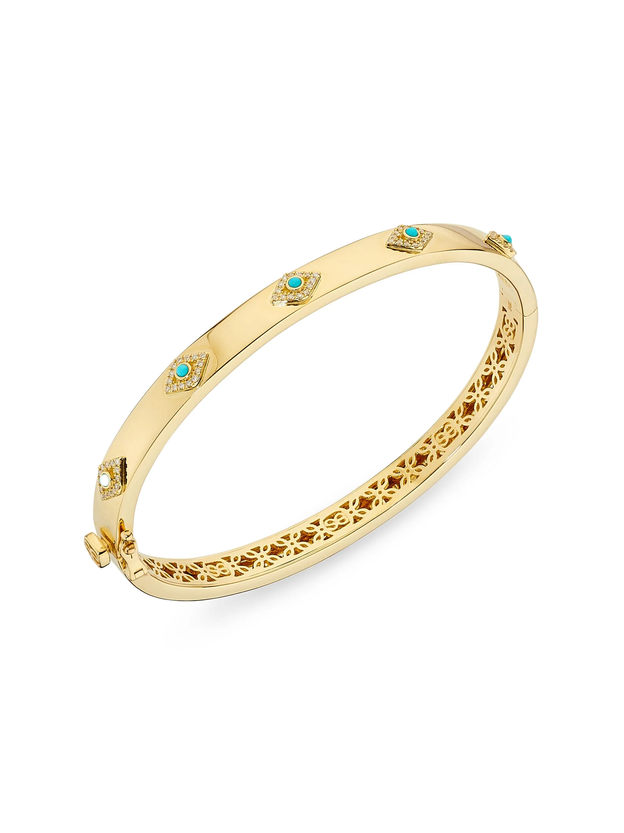 Women's Evil Eye 14K Yellow Gold, Turquoise & 0.19 TCW Diamond Hinged Bangle Bracelet - Yellow Gold - 1