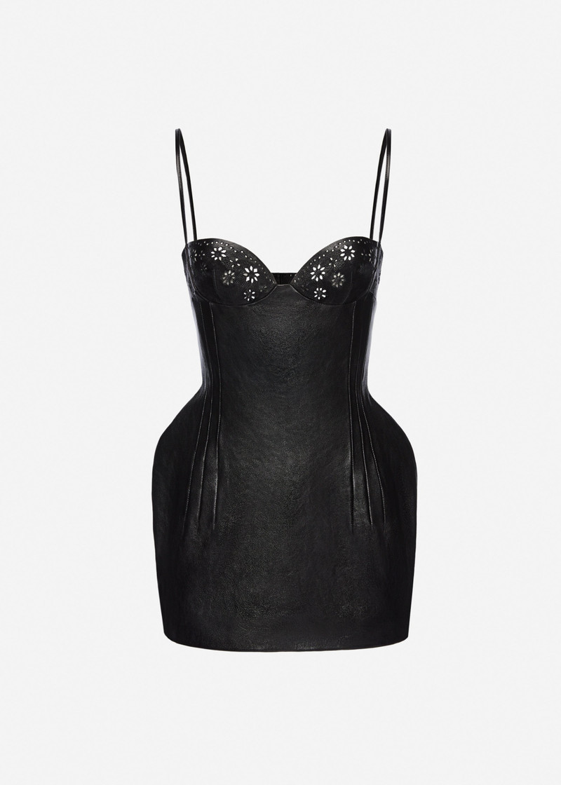 Floral detailing leather mini dress in black 1