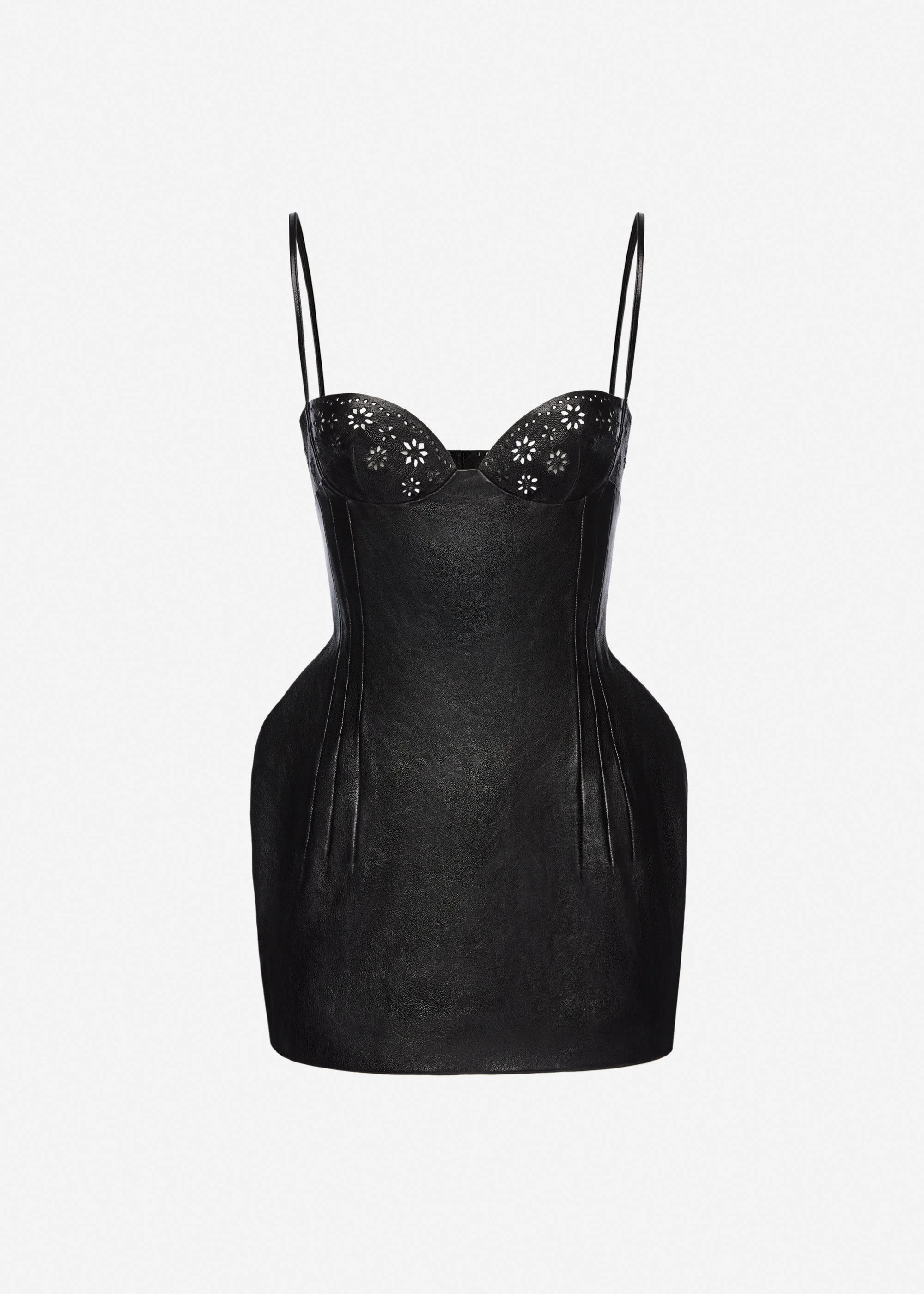 Floral detailing leather mini dress in black - 1