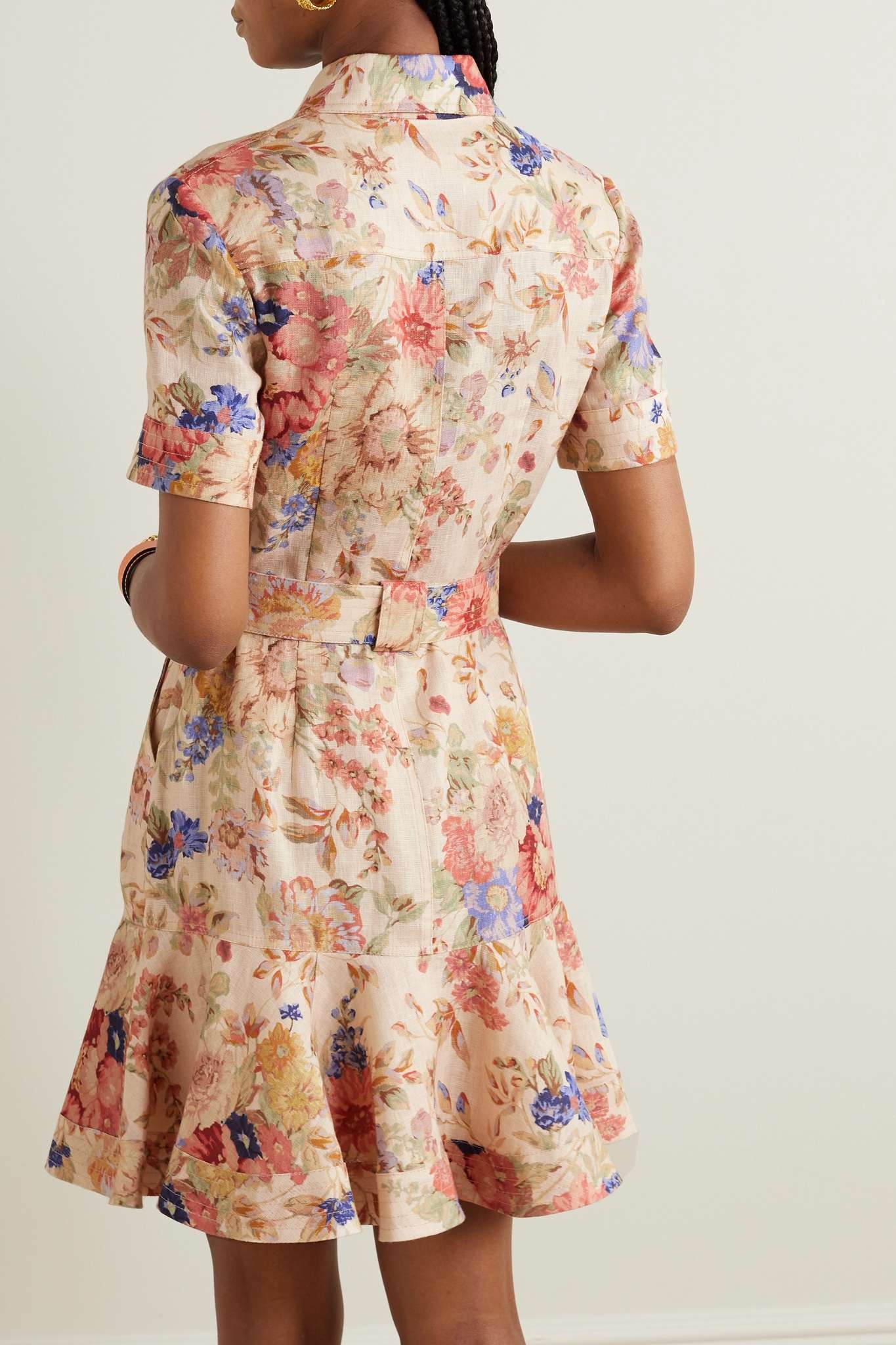 August belted ruffled floral-print linen mini dress - 3