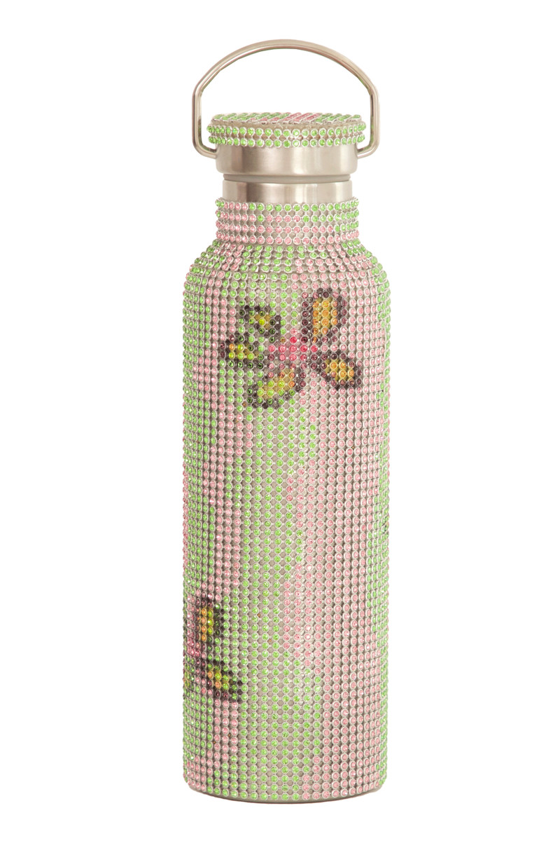 LIME WAVY FLOWER RHINESTONE WATER BOTTLE 1