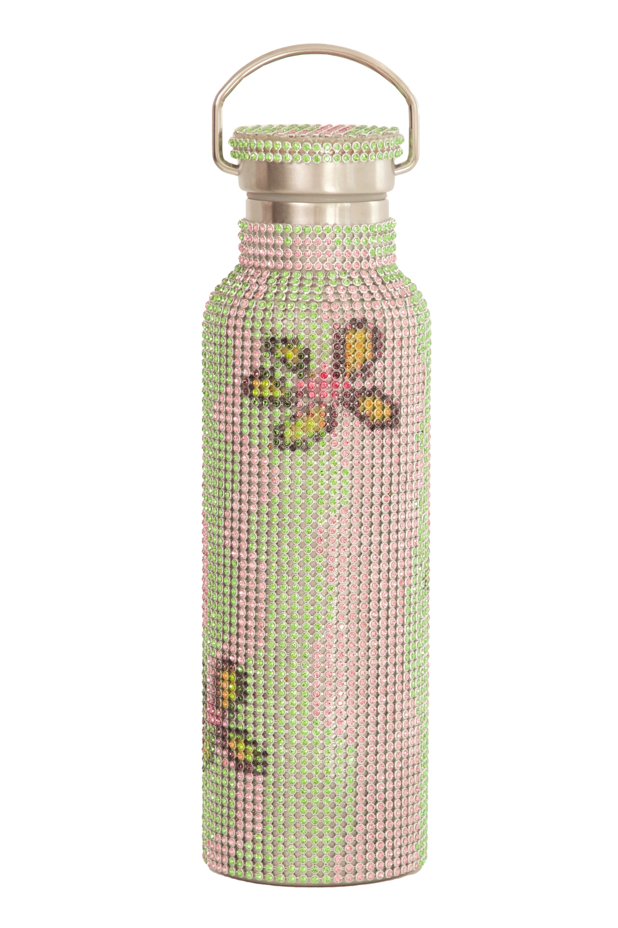 LIME WAVY FLOWER RHINESTONE WATER BOTTLE - 1