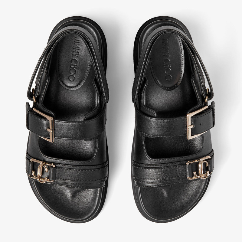 JIMMY CHOO Elyn Flat Black Calf Leather Flat Sandals