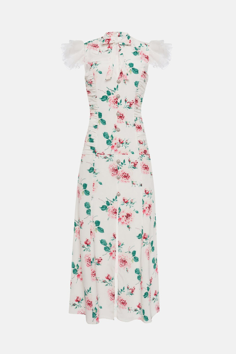ROSE PRINT SILK DRAPED DRESS W/ ORGANZA SLEEVES 1