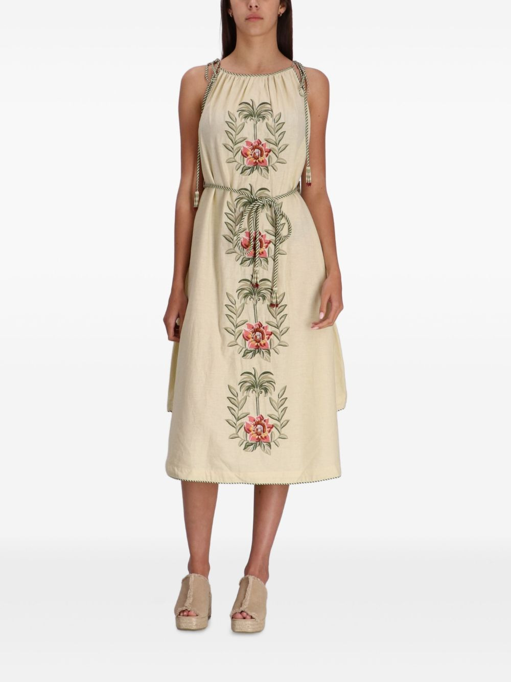 Sand Tropical Flower embroidered midi dress - 2