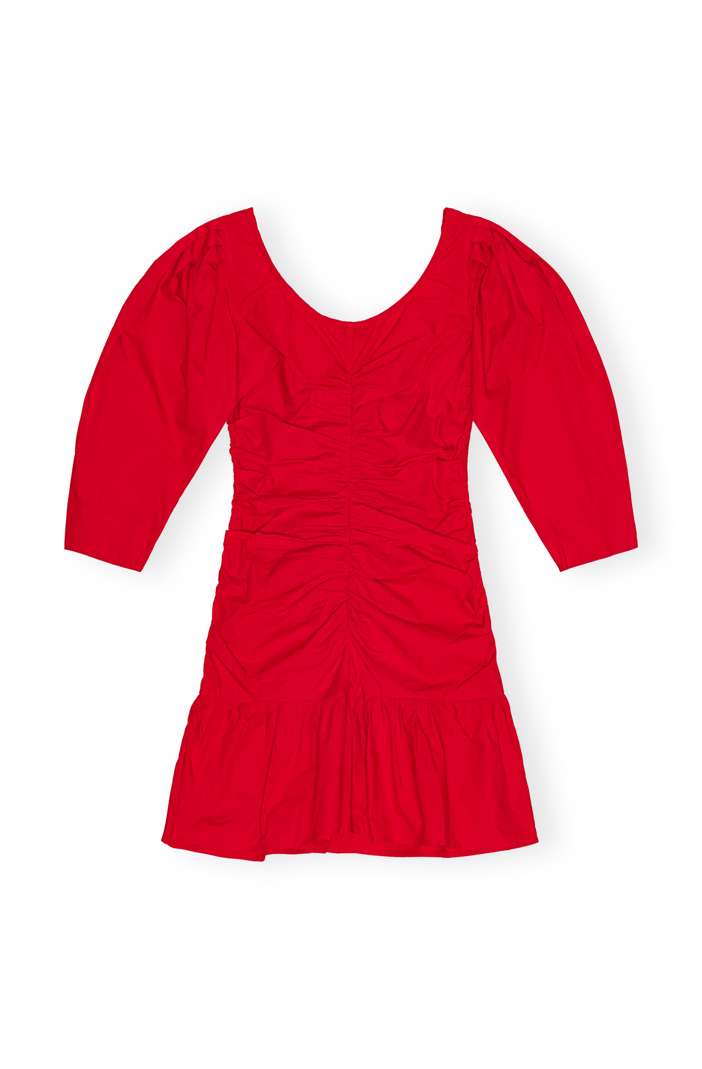 RED COTTON POPLIN GATHERED U-NECK MINI DRESS - 6