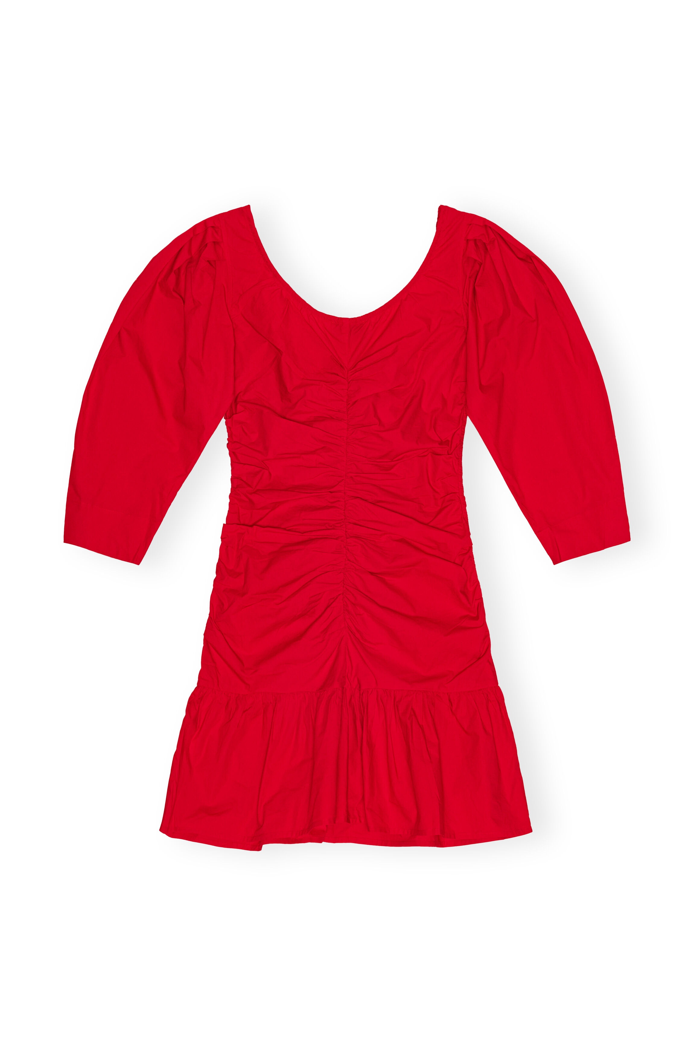 RED COTTON POPLIN GATHERED U-NECK MINI DRESS - 1