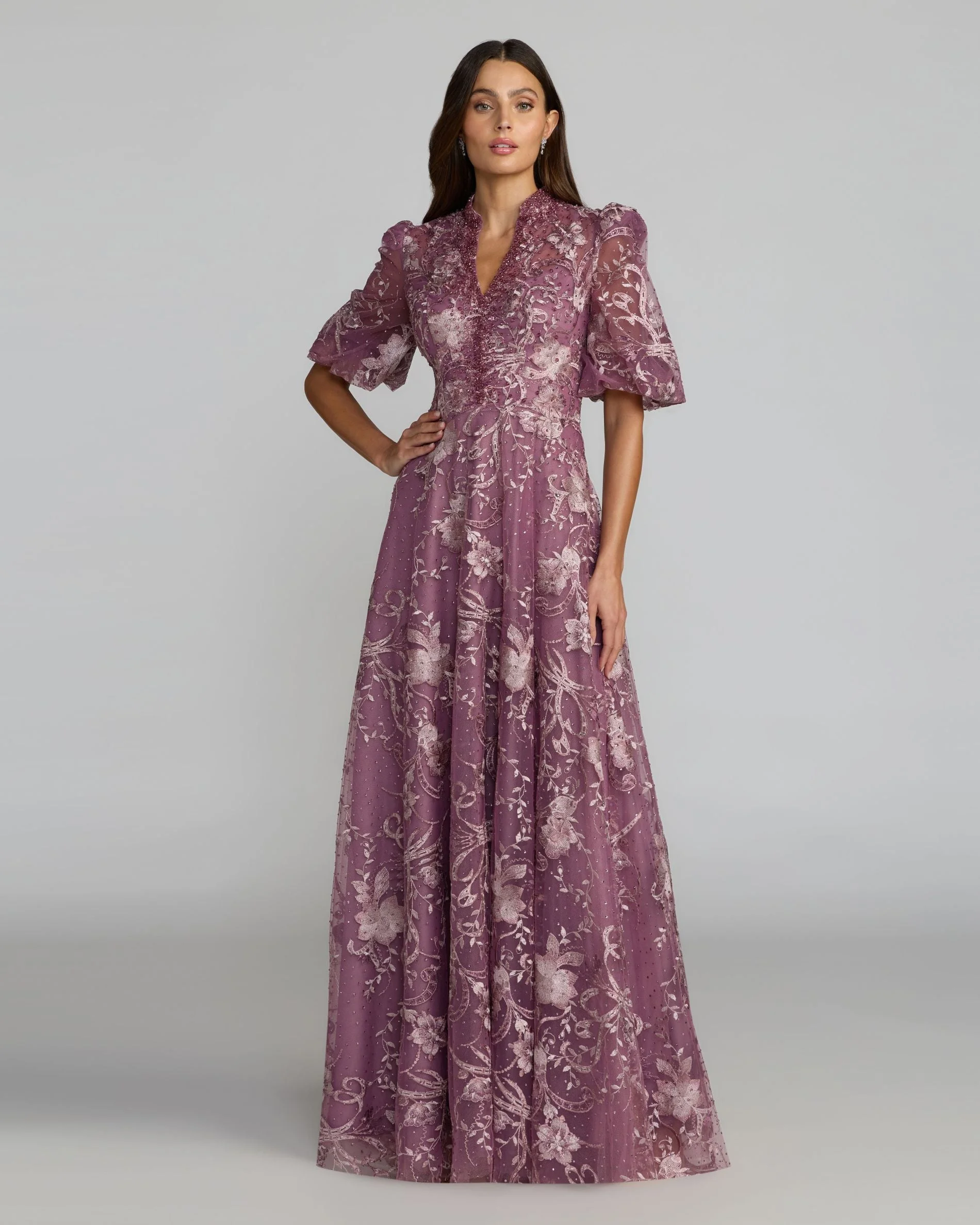 Wisteria Queen Anne Puff Sleeve Embroidered A-Line Gown - 1