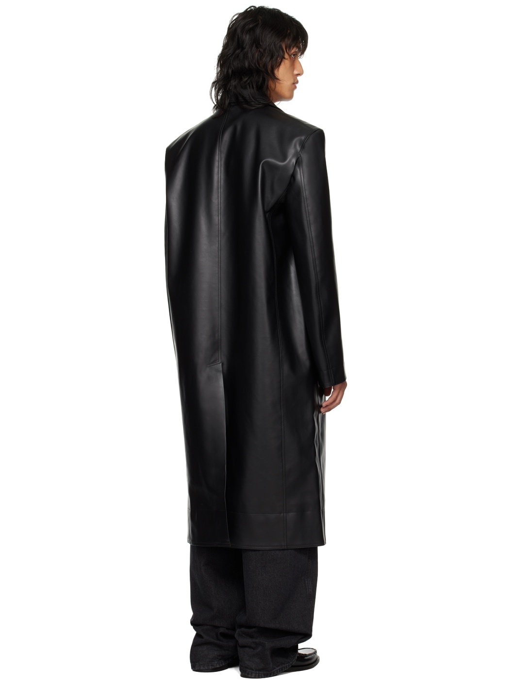 Black Notched Lapel Faux-Leather Coat - 3