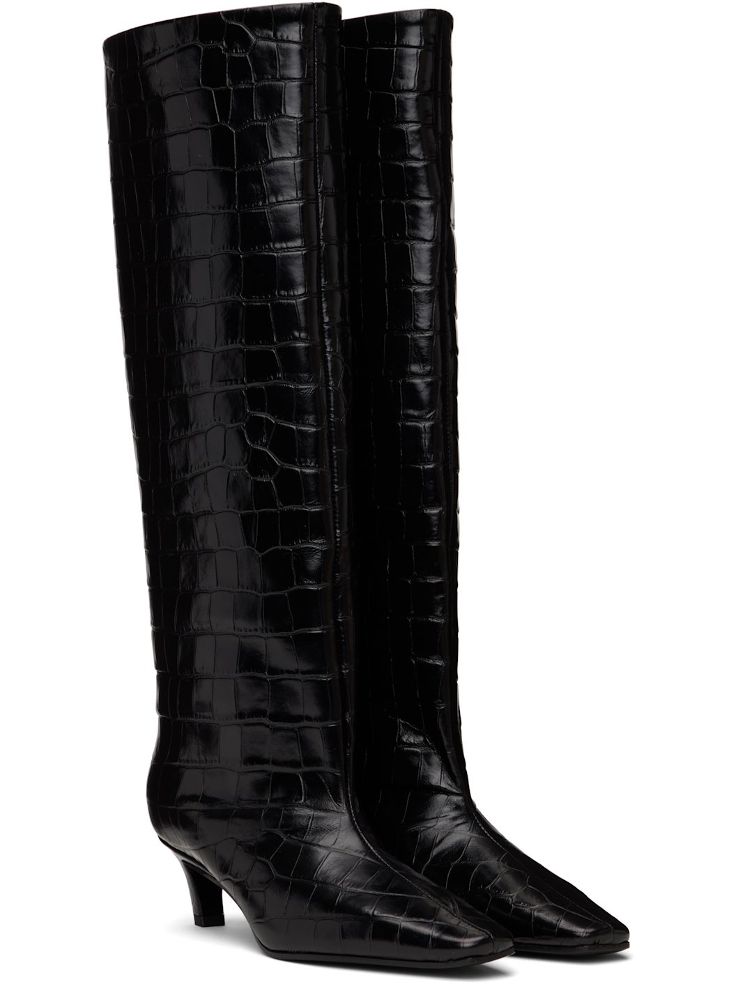 Brown Croco-Embossed Wide Shaft Tall Boots - 4