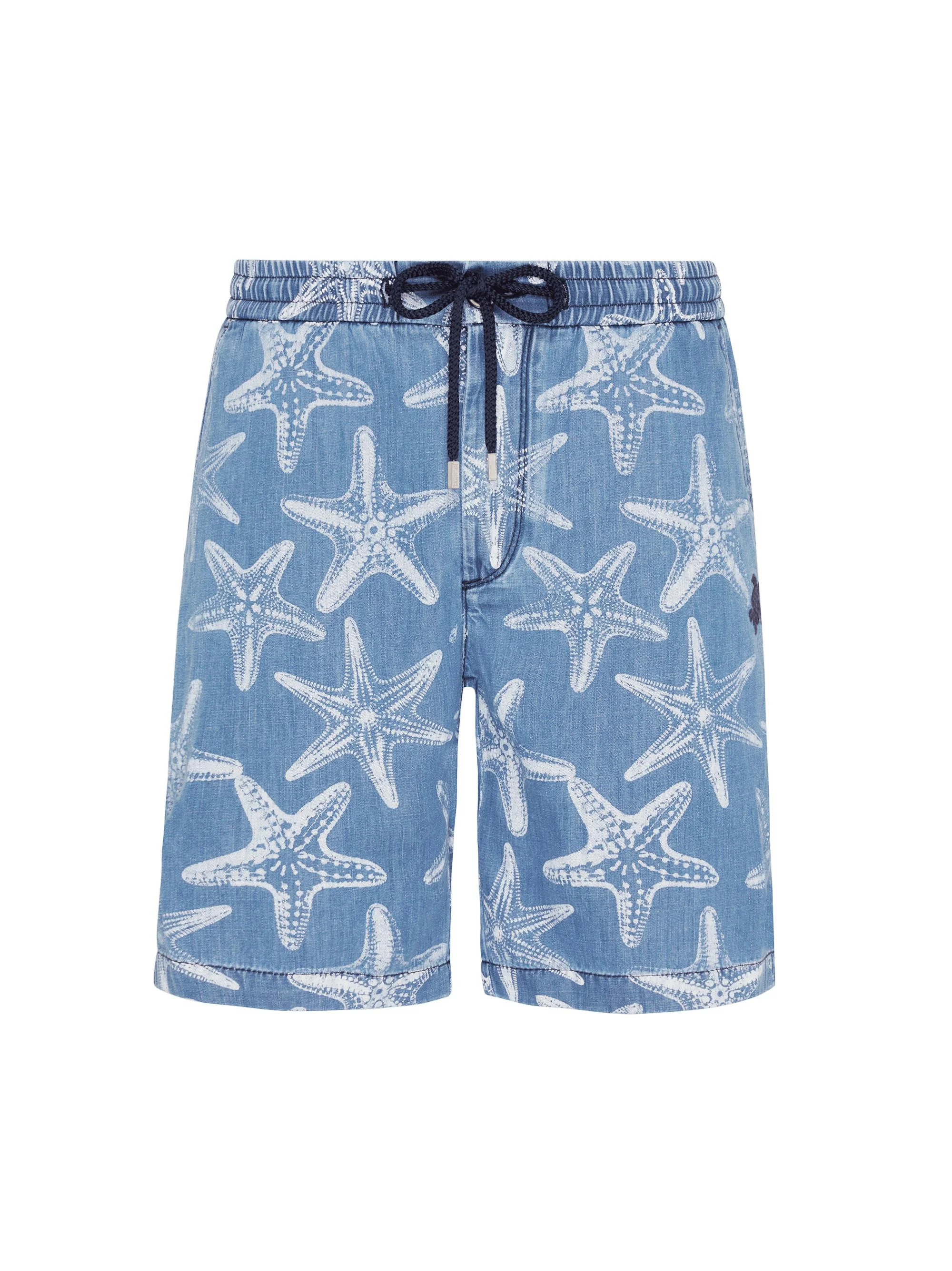 Men's Starfish-Printed Denim Shorts - Fadedwasheddenim - 1