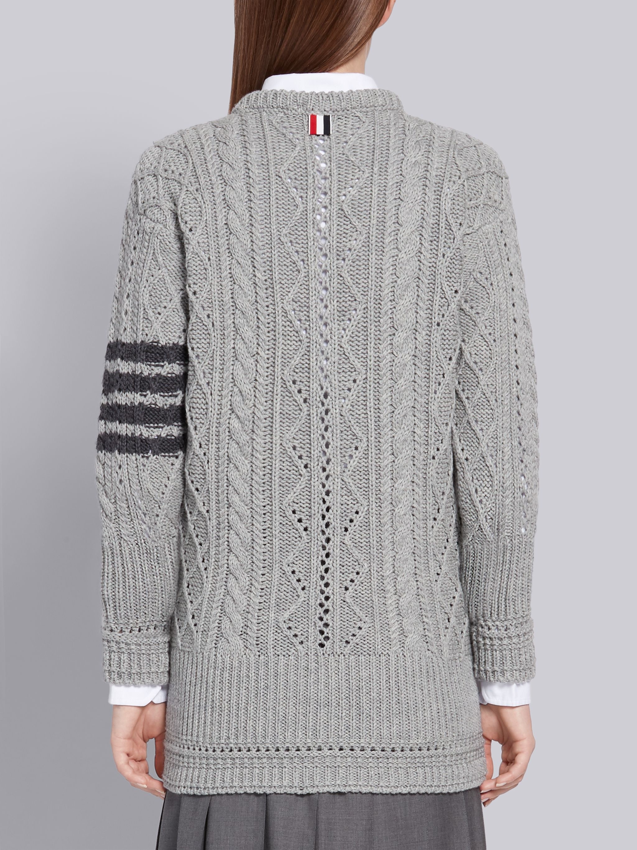 Light Grey Fine Merino Wool Aran Cable 4-Bar Crewneck - 3