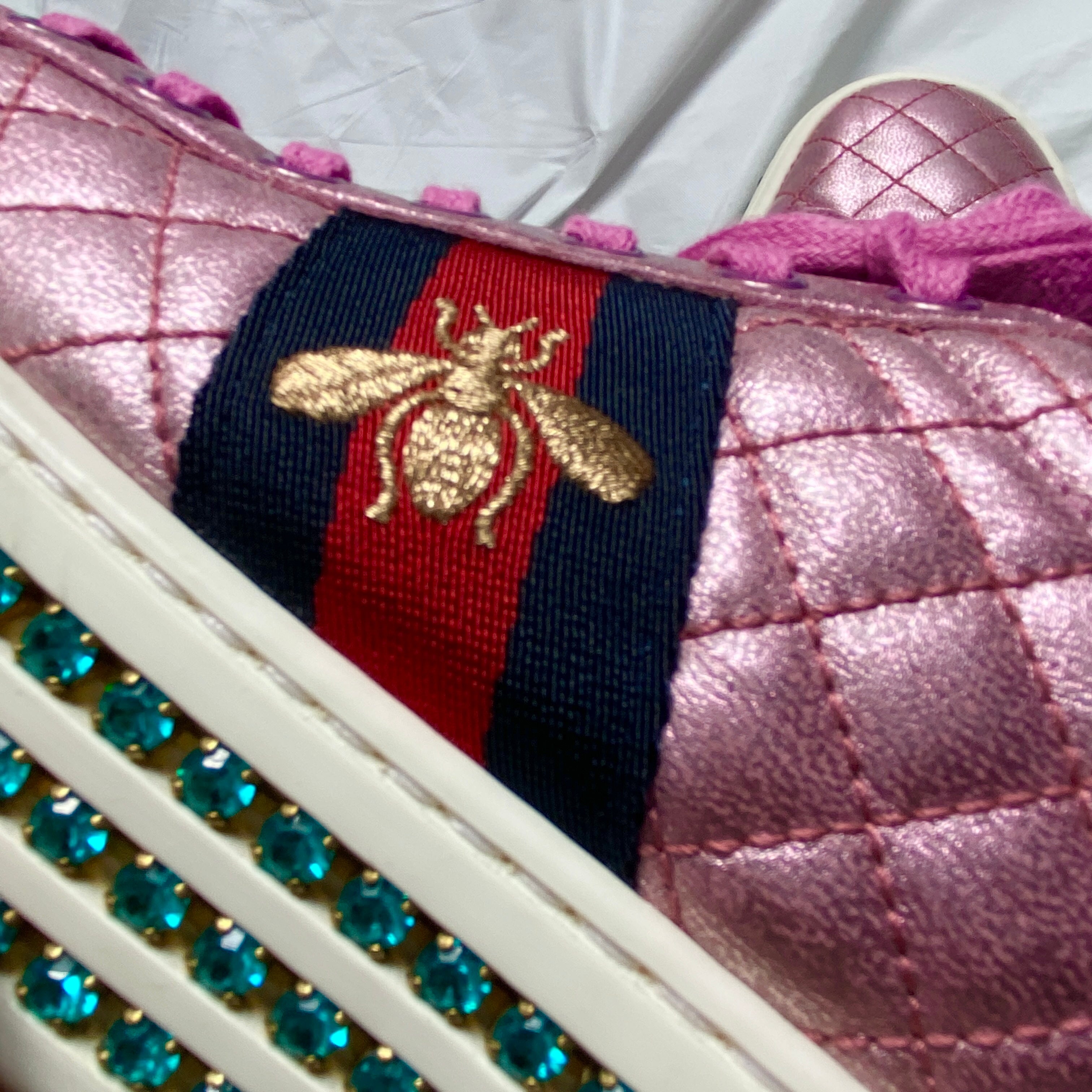 Gucci Swarovski crystal embellished pink platform ace sneaker 37.5 - 9