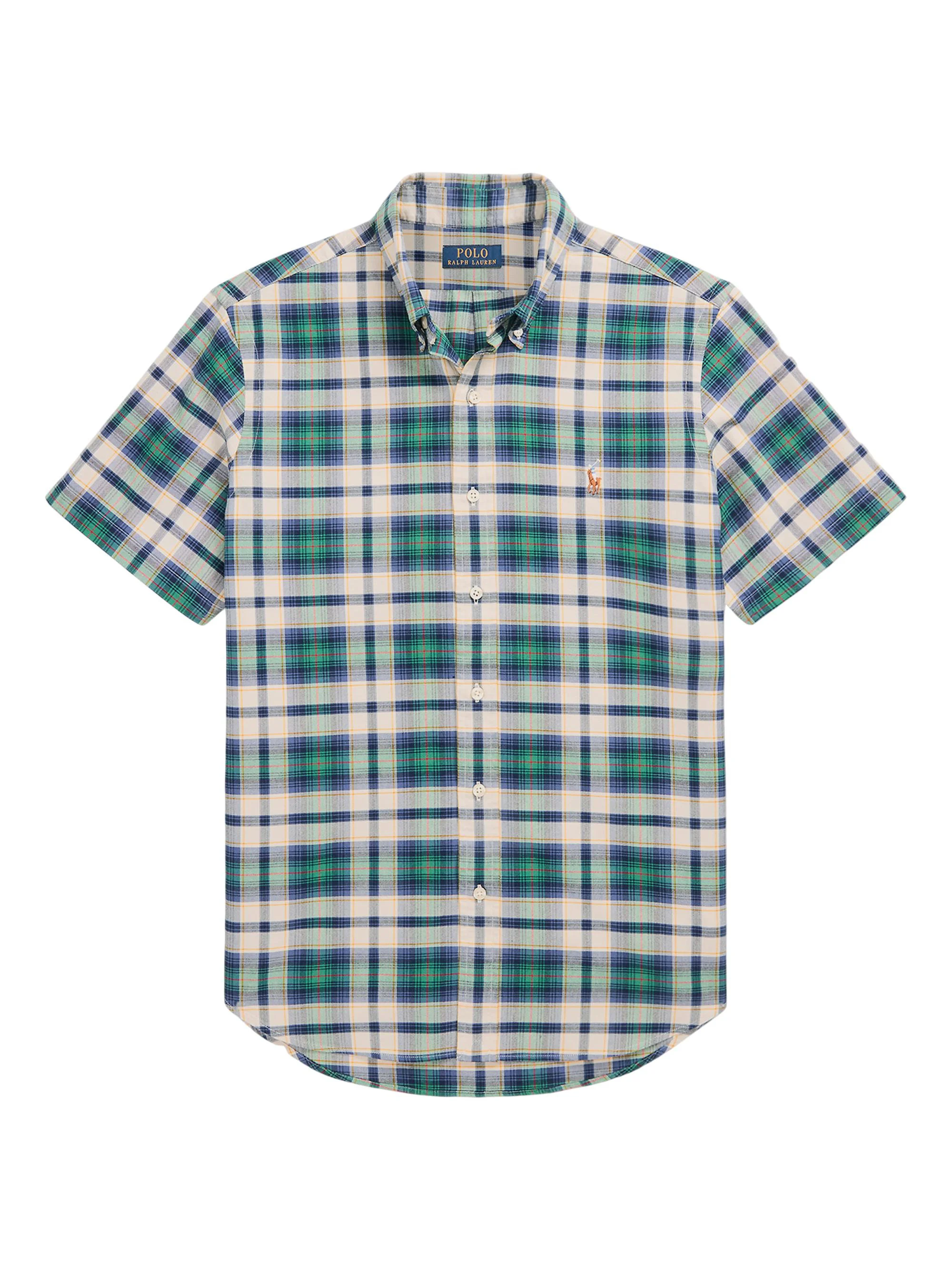 Men's Plaid Cotton Short-Sleeve Oxford Shirt - White Green Multi - 1