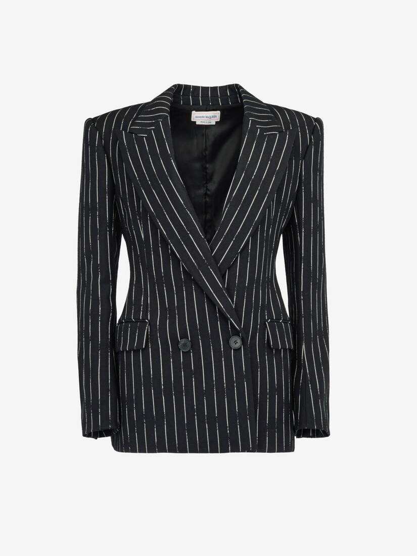 Women's Double-breasted Broken Pinstripe Jacket in Black/ivory - 1