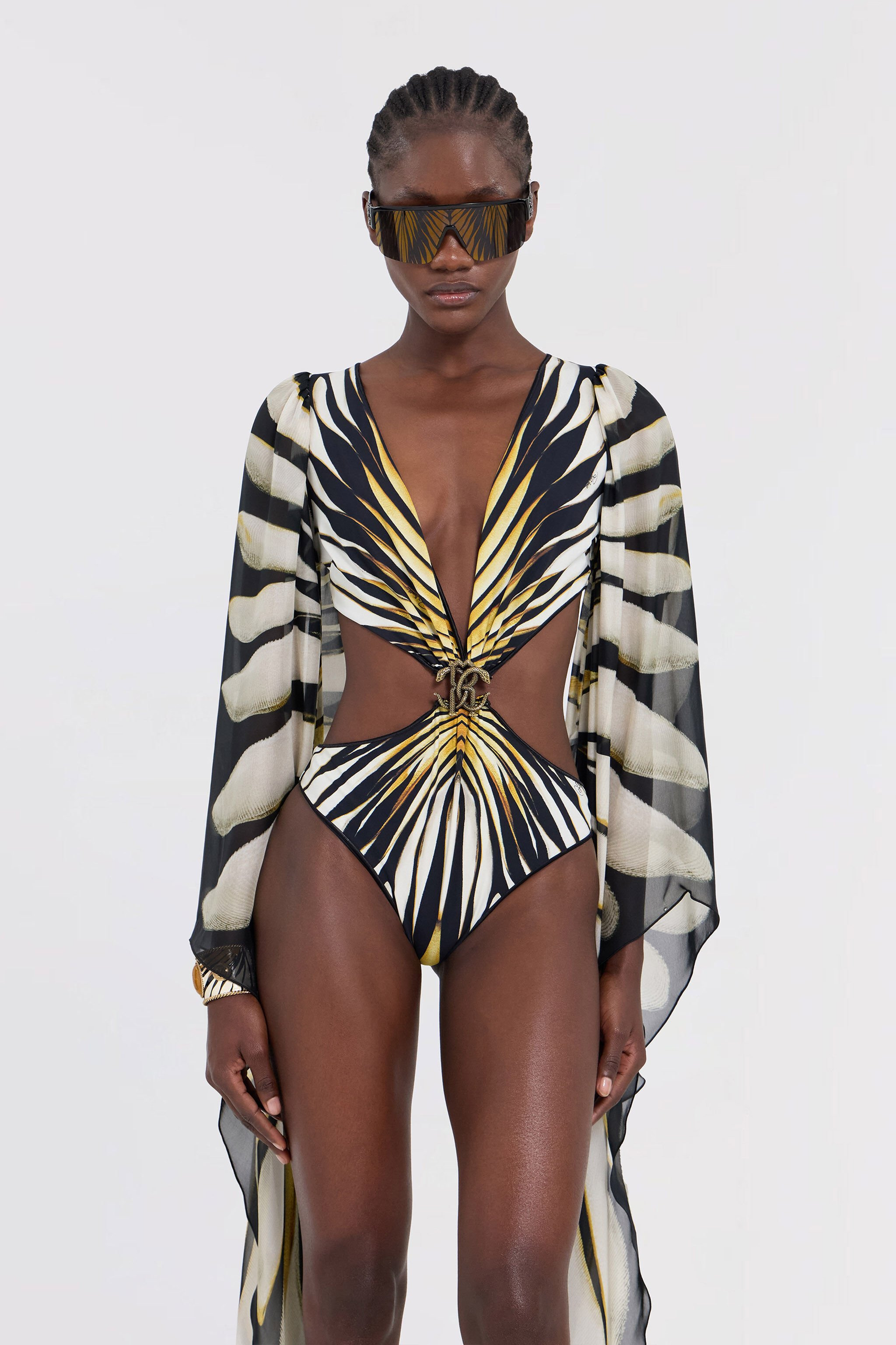 Ray Of Gold Print Cut-out One-Piece Swimsuit - 3