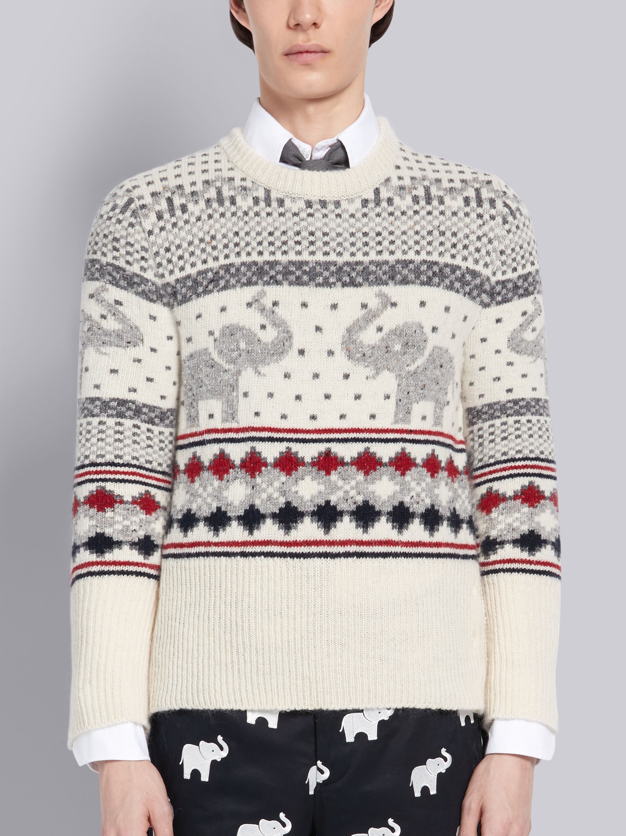 White Mohair Wool Elephant Icon Fair Isle Crewneck Pullover - 1