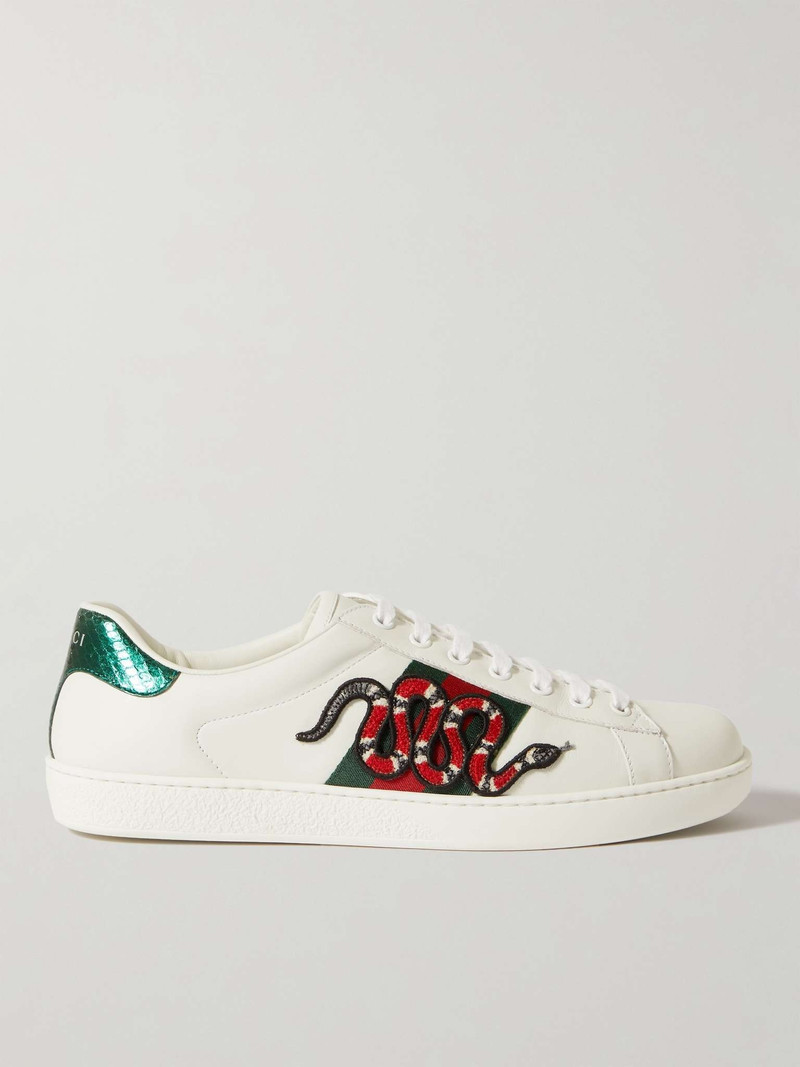 Ace Watersnake-Trimmed Appliquéd Leather Sneakers - 1