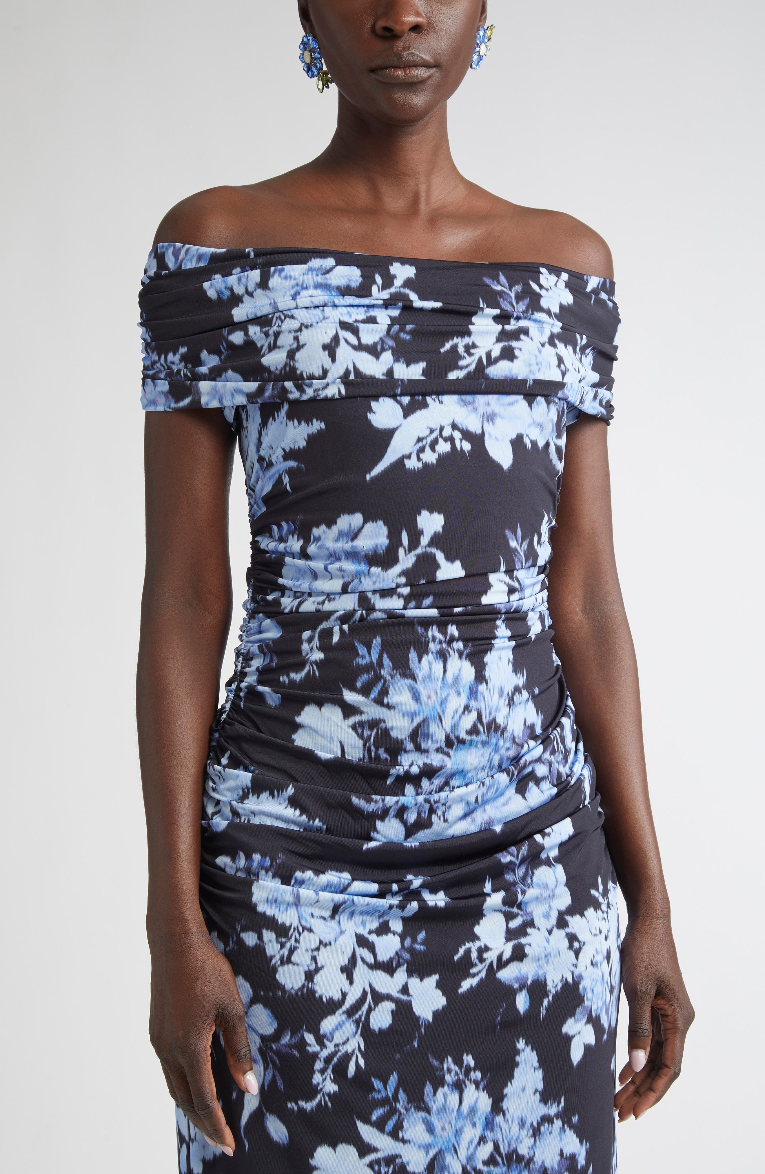 Carolina Herrera Floral Print Ruched Off the Shoulder Jersey Gown in Midnight Multi at Nordstrom - 4