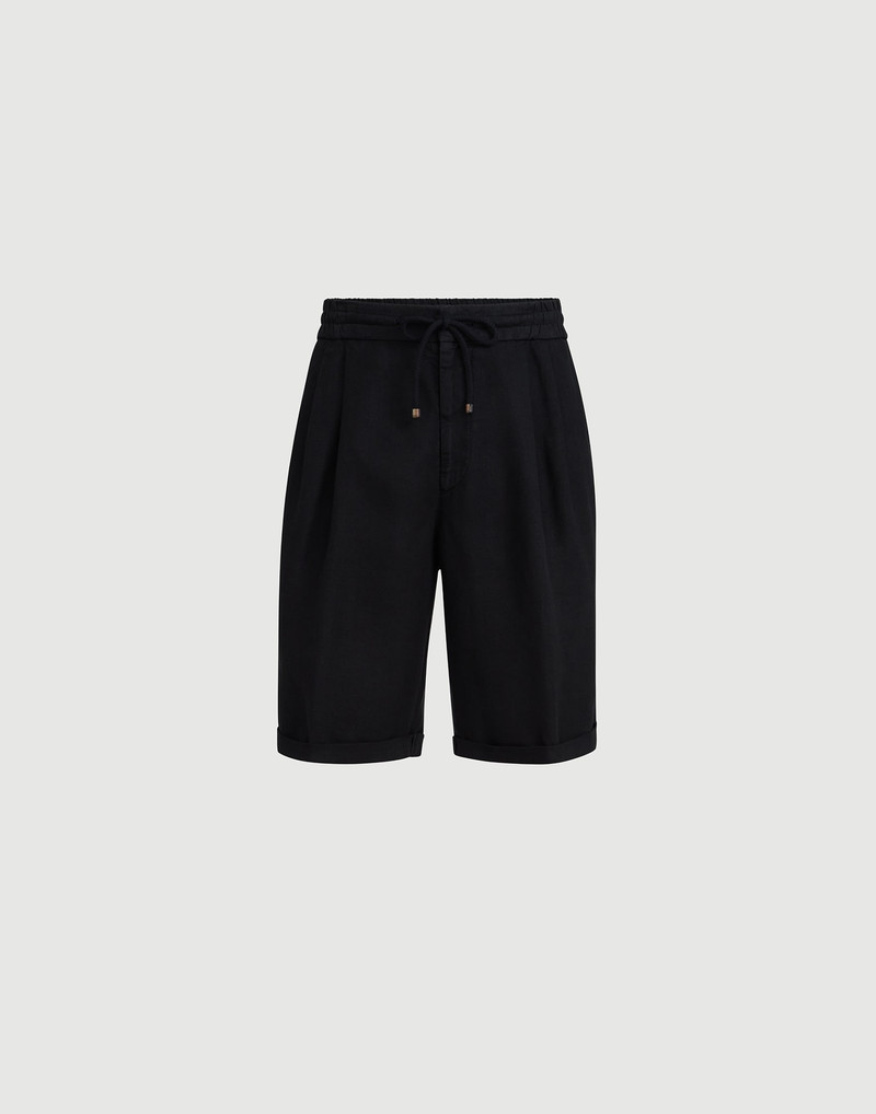 Garment-dyed Bermuda shorts in linen gabardine with drawstring and pleat 1