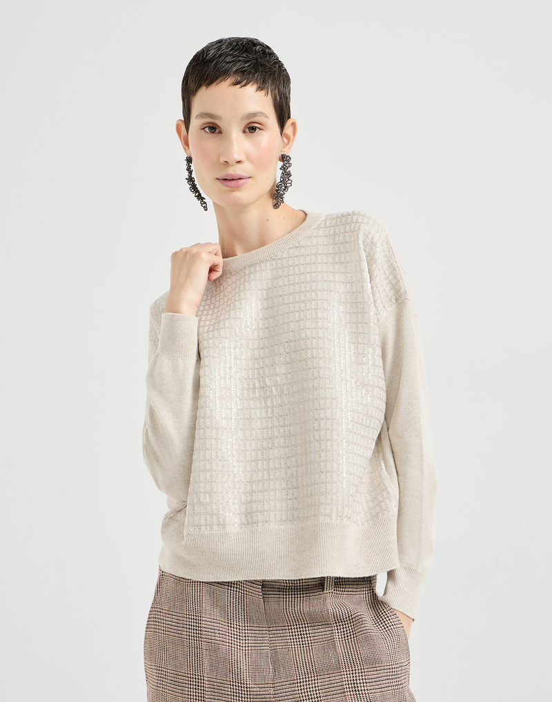 Virgin wool, cashmere and silk sweater with dazzling check embroidery 2
