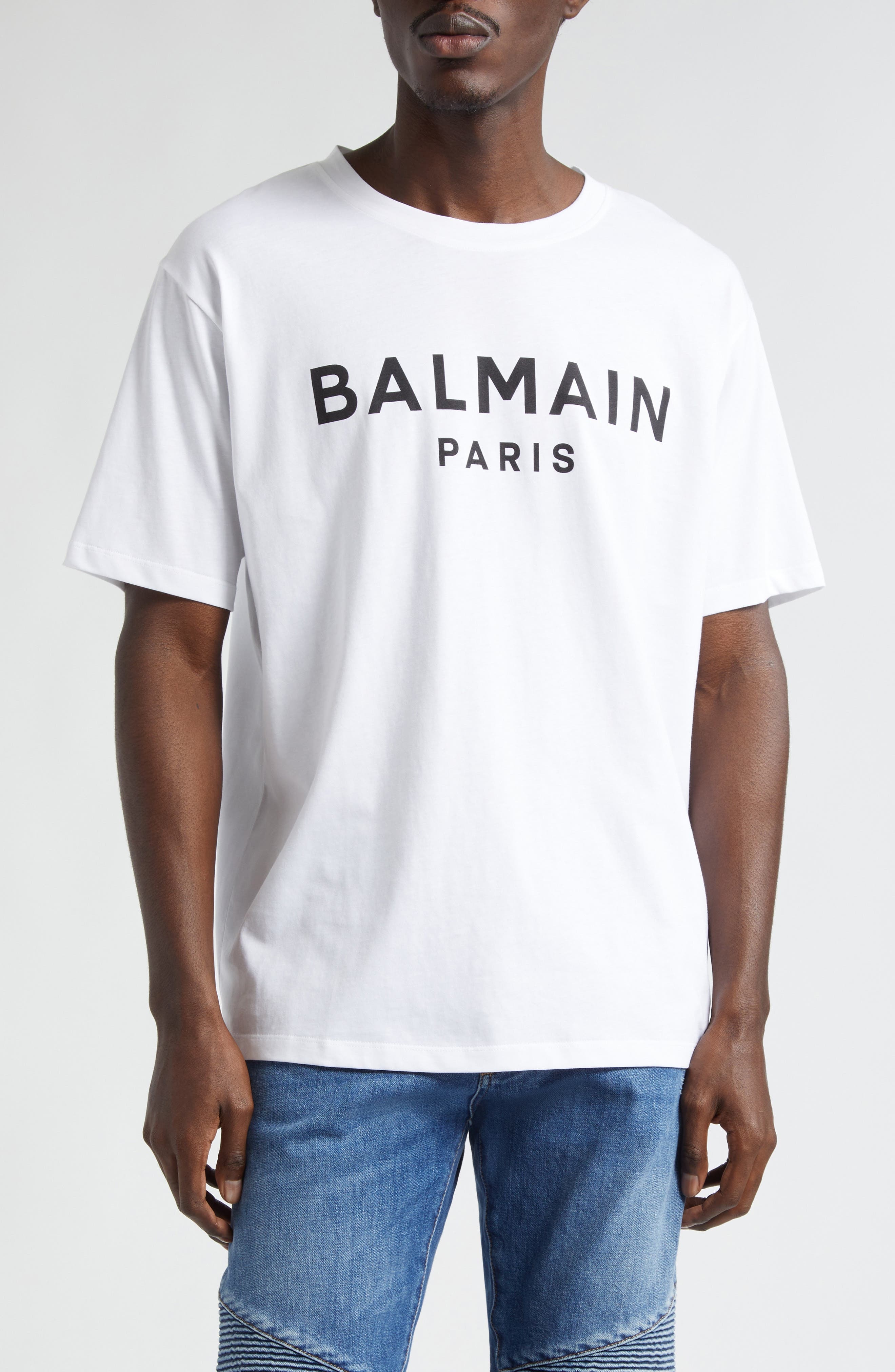 Balmain Organic Cotton Logo Graphic T-Shirt in Gab White/Black at Nordstrom - 1