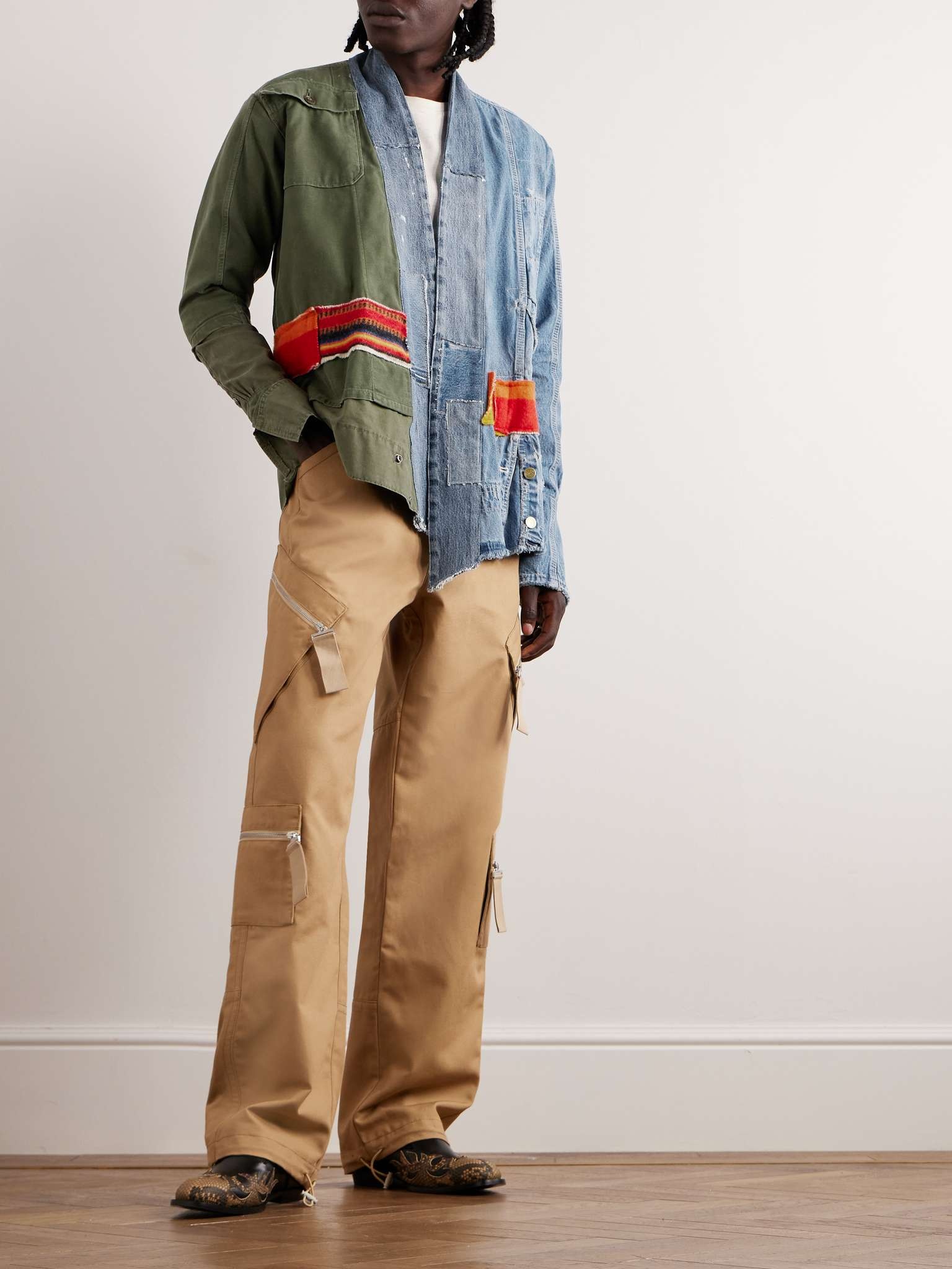 Shawl-Collar Distressed Patchwork Denim, Cotton and Wool-Blend Overshirt - 2