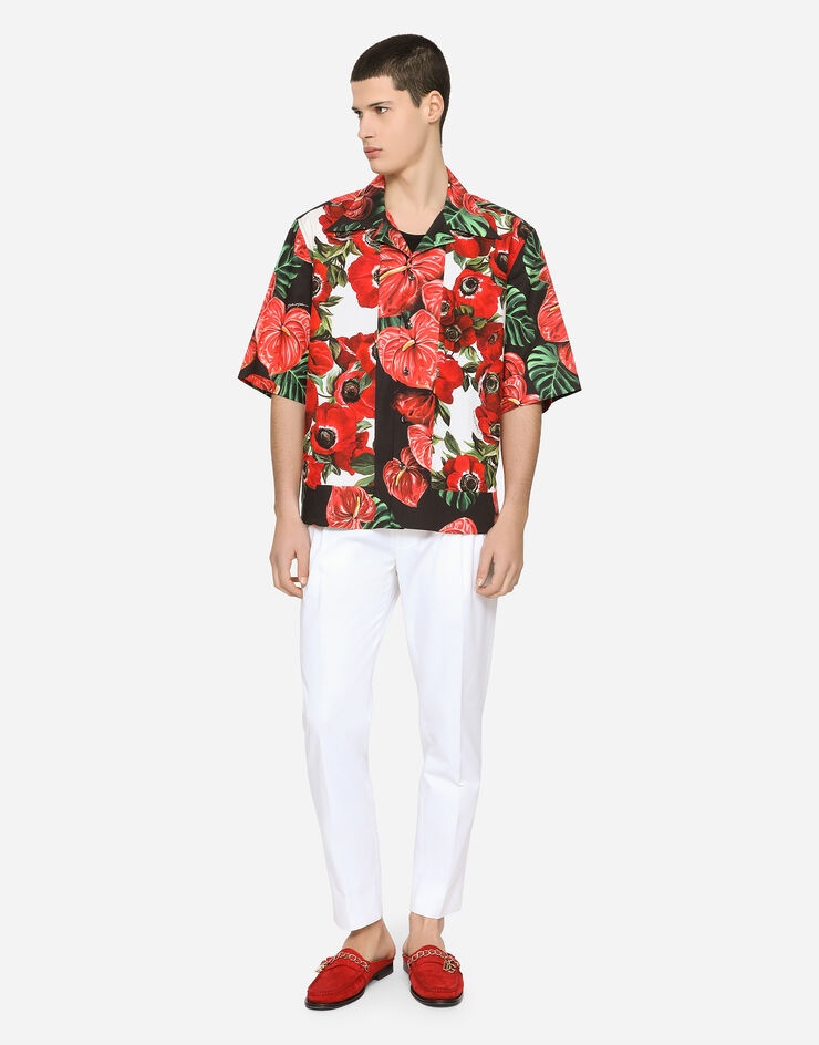 Stretch cotton Hawaiian shirt with floral print - 1