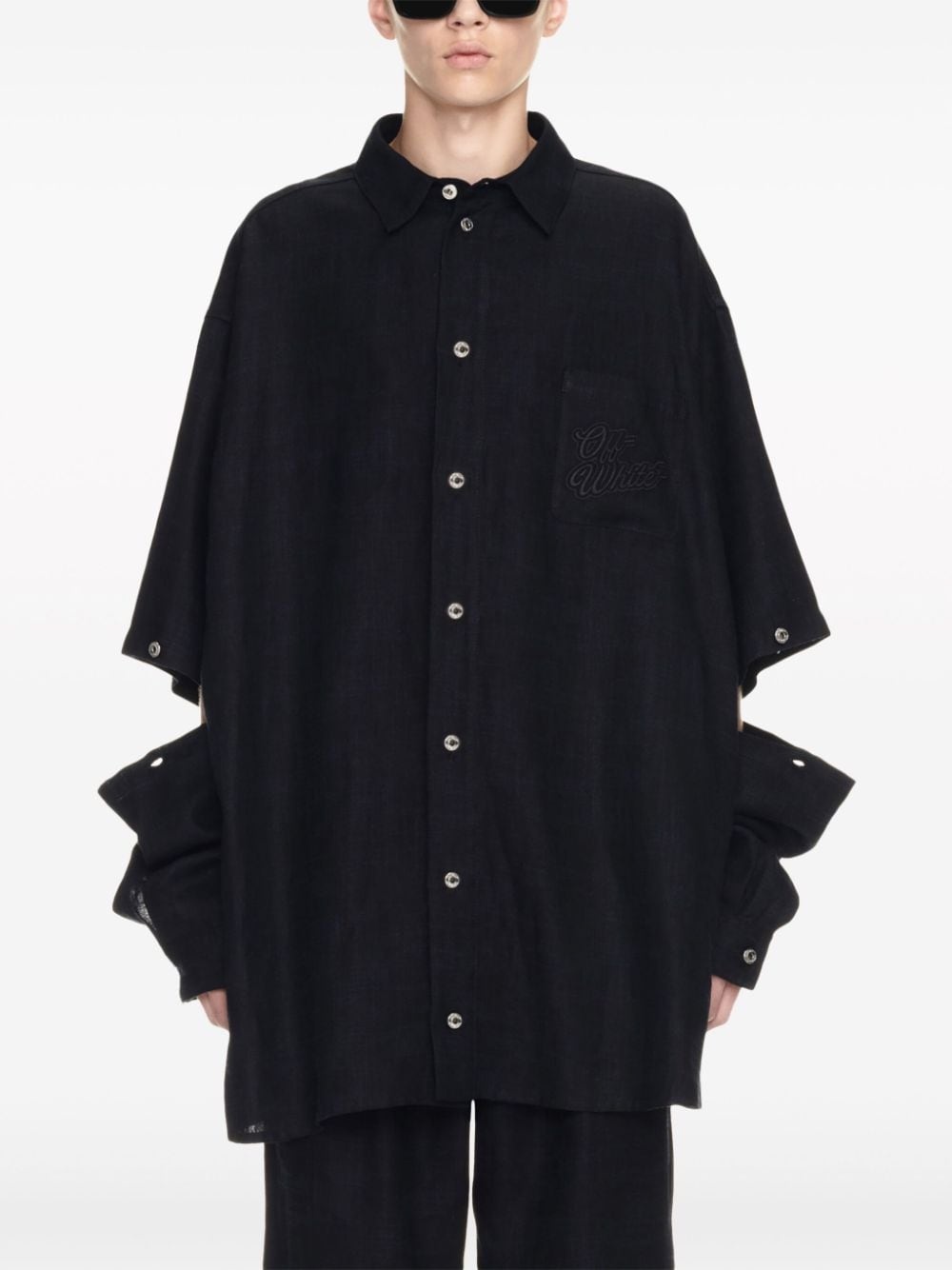 logo-embroidered panelled linen shirt jacket - 5