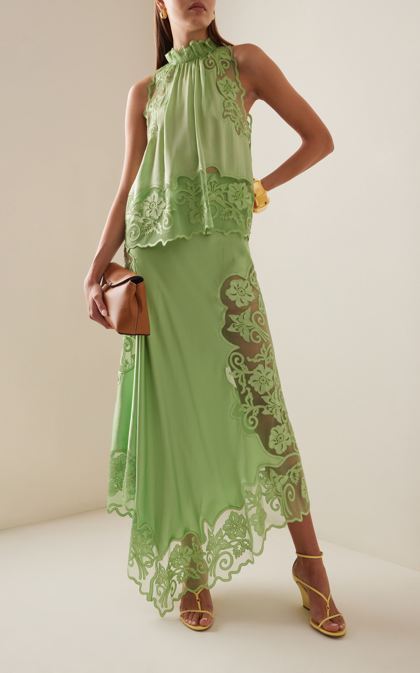 Cressida Lace-Trimmed SIlk Midi Skirt green - 2