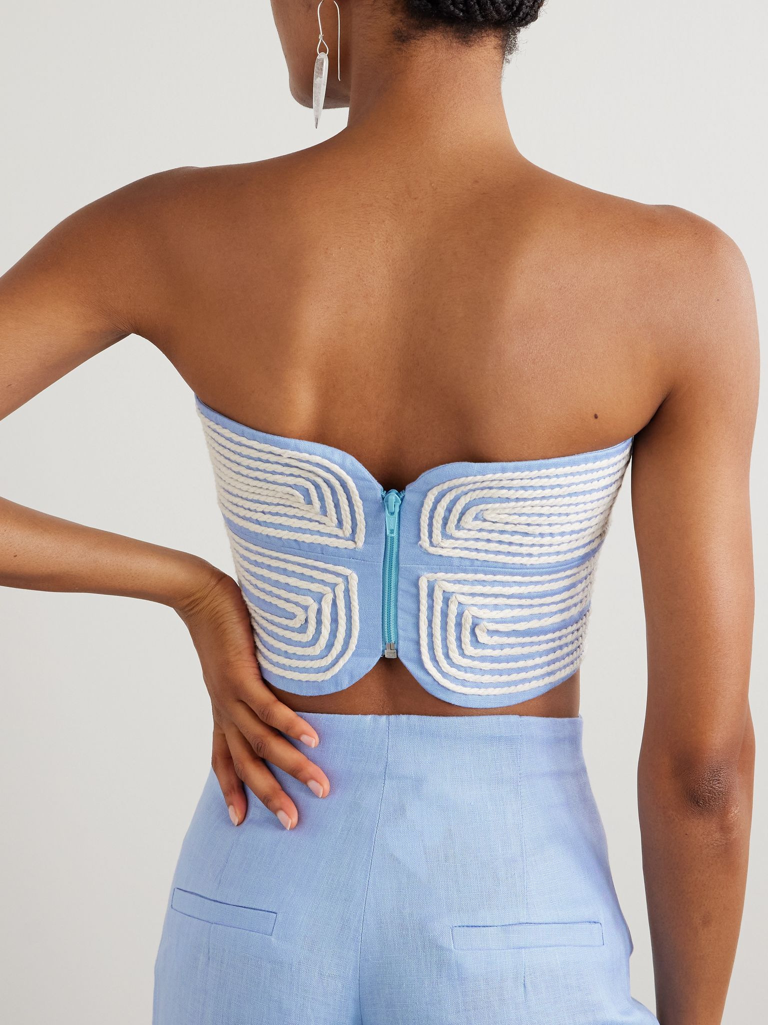 Baia cutout embroidered linen bustier top Blue - 3
