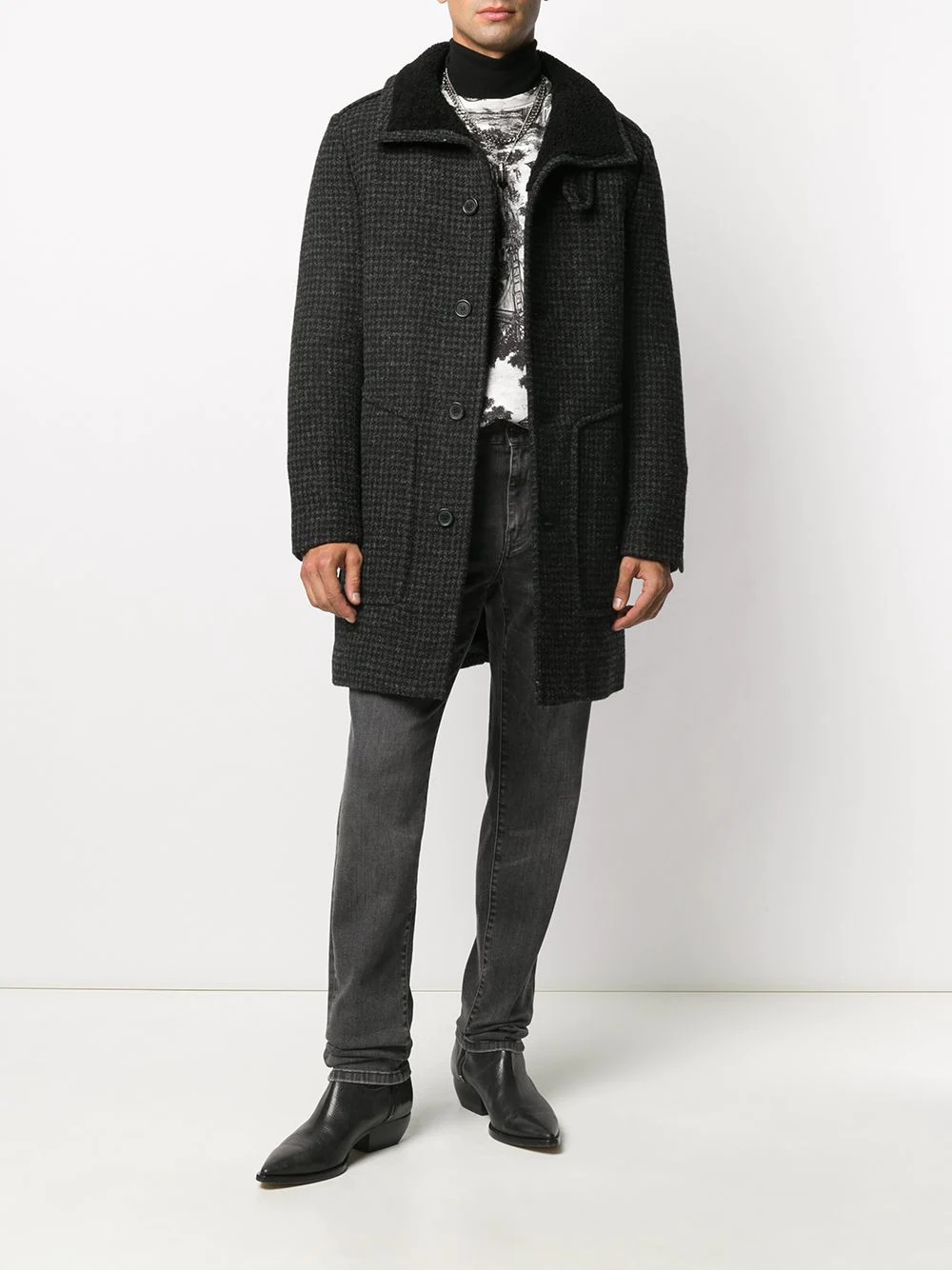 shearling-collar check wool coat - 2