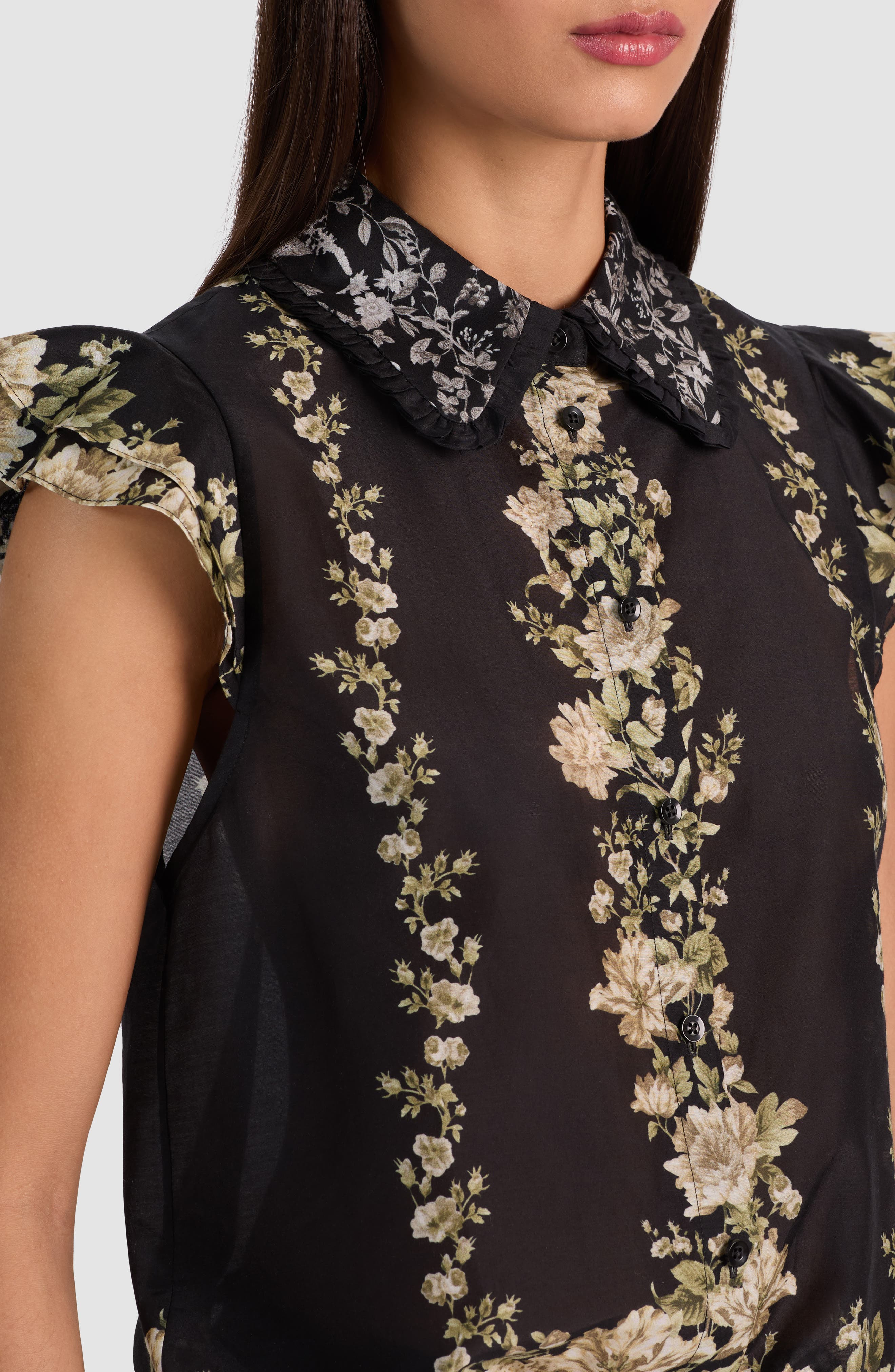Alice + Olivia Martel Flutter Sleeve Cotton & Silk Button-Up Top in Free Falling at Nordstrom - 4