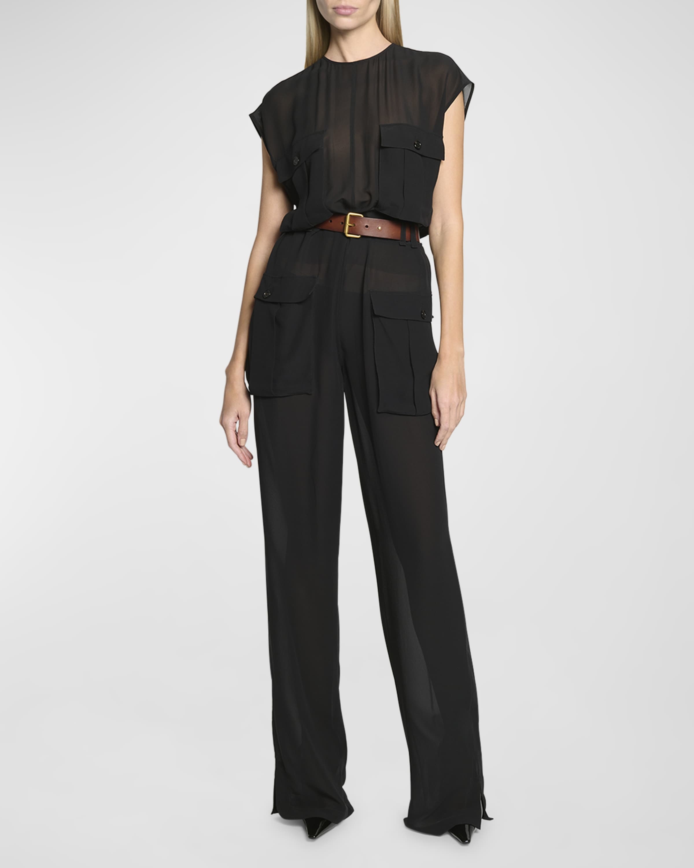 Combinaison Sleeveless Belted Silk Chiffon Utility Jumpsuit - 2