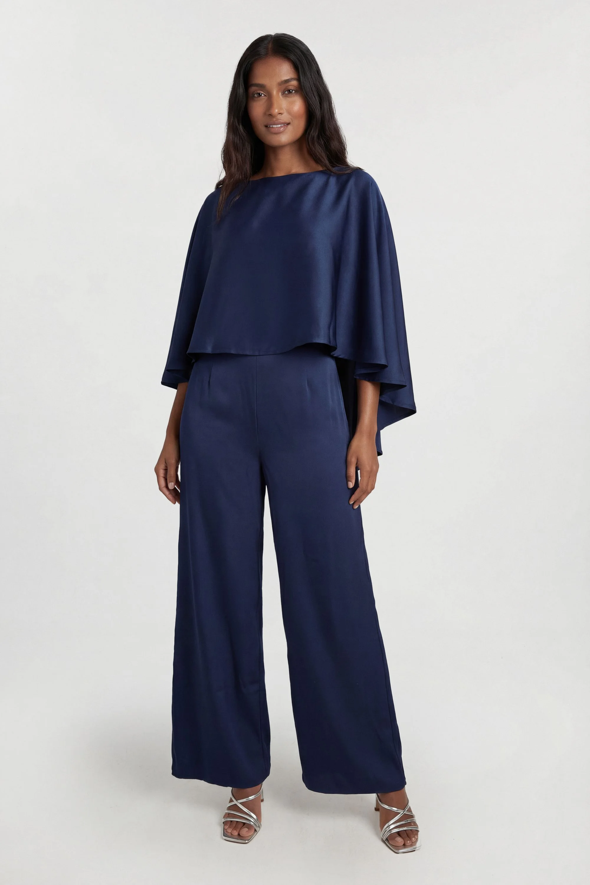 Satin Back Crepe Cape Detail Woven Jumpsuit - 1