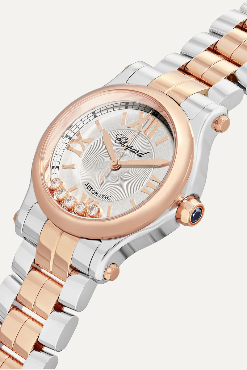 행복한 스포츠 자동적인 30mm 18-karat 장미 금, 스테인리스 및 다이아몬드 시계 3