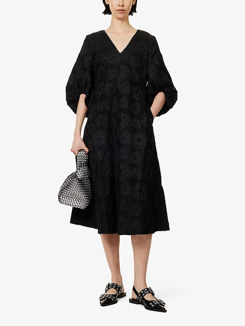 STINE GOYA Embossed-floral-pattern three-quarter-sleeves recycled-polyester blend midi dress outlook