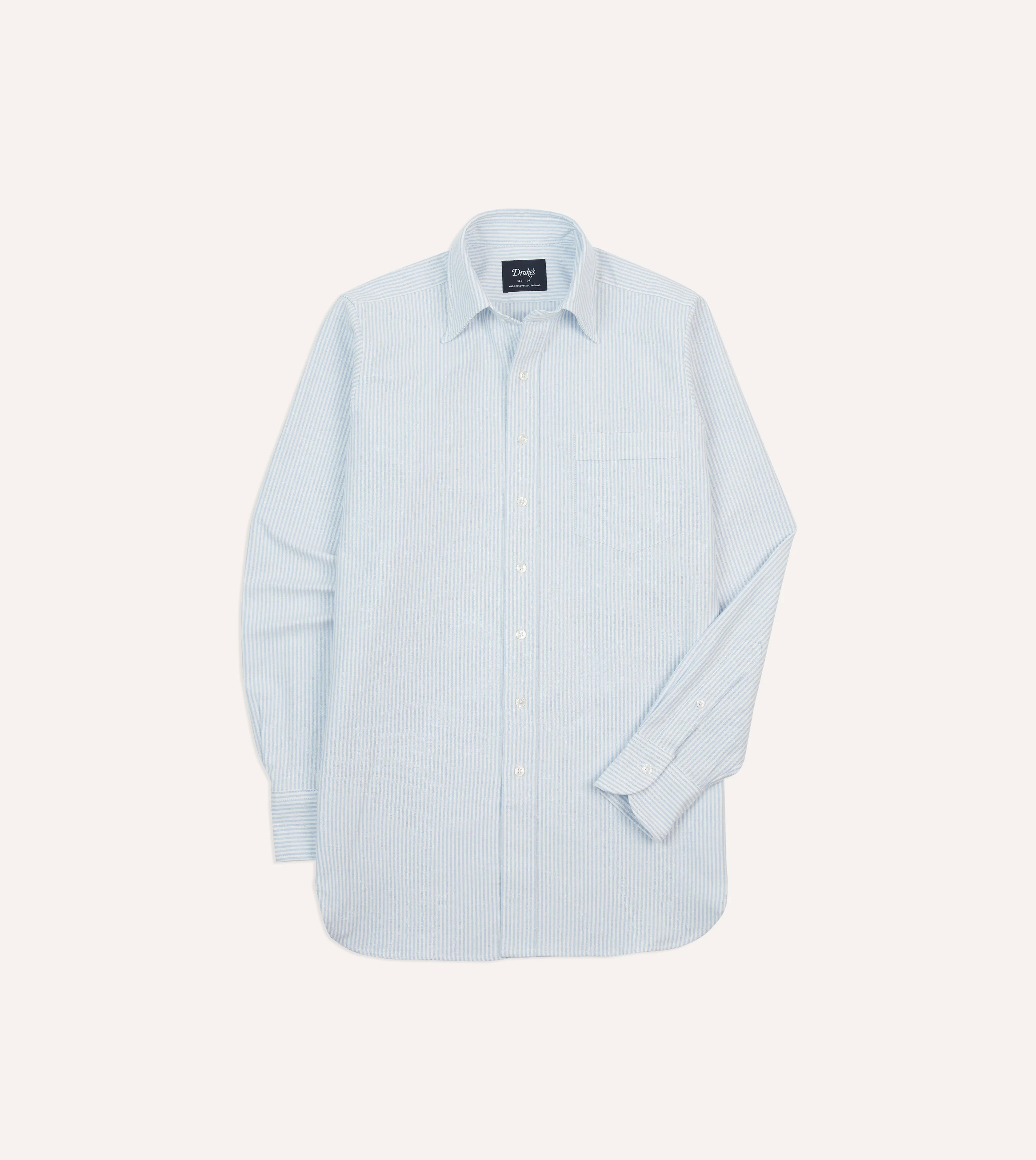 Light Blue and White Ticking Stripe Cotton Oxford Cloth Long Point Collar Shirt - 1