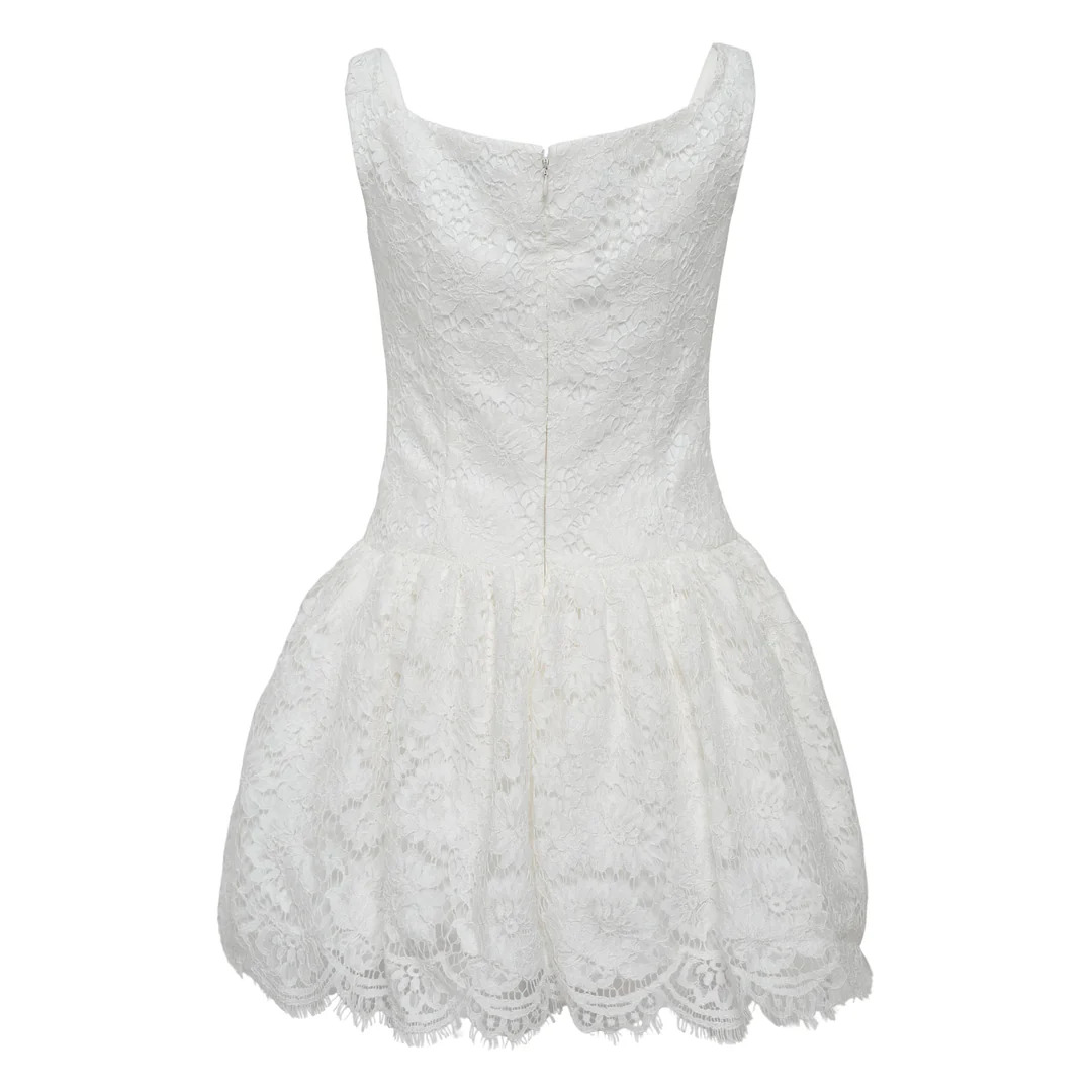 White Floral Lace Mini Dress - 2