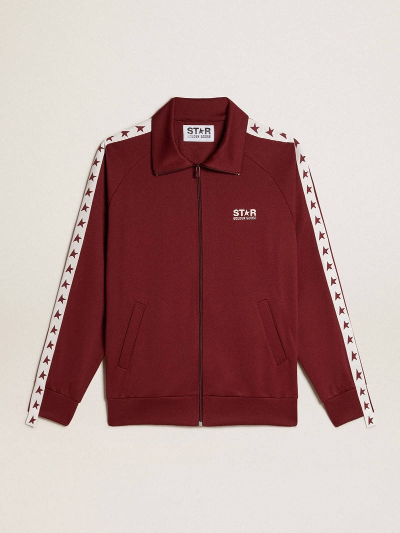 Men’s burgundy zipped sweatshirt with white strip and contrasting stars 1