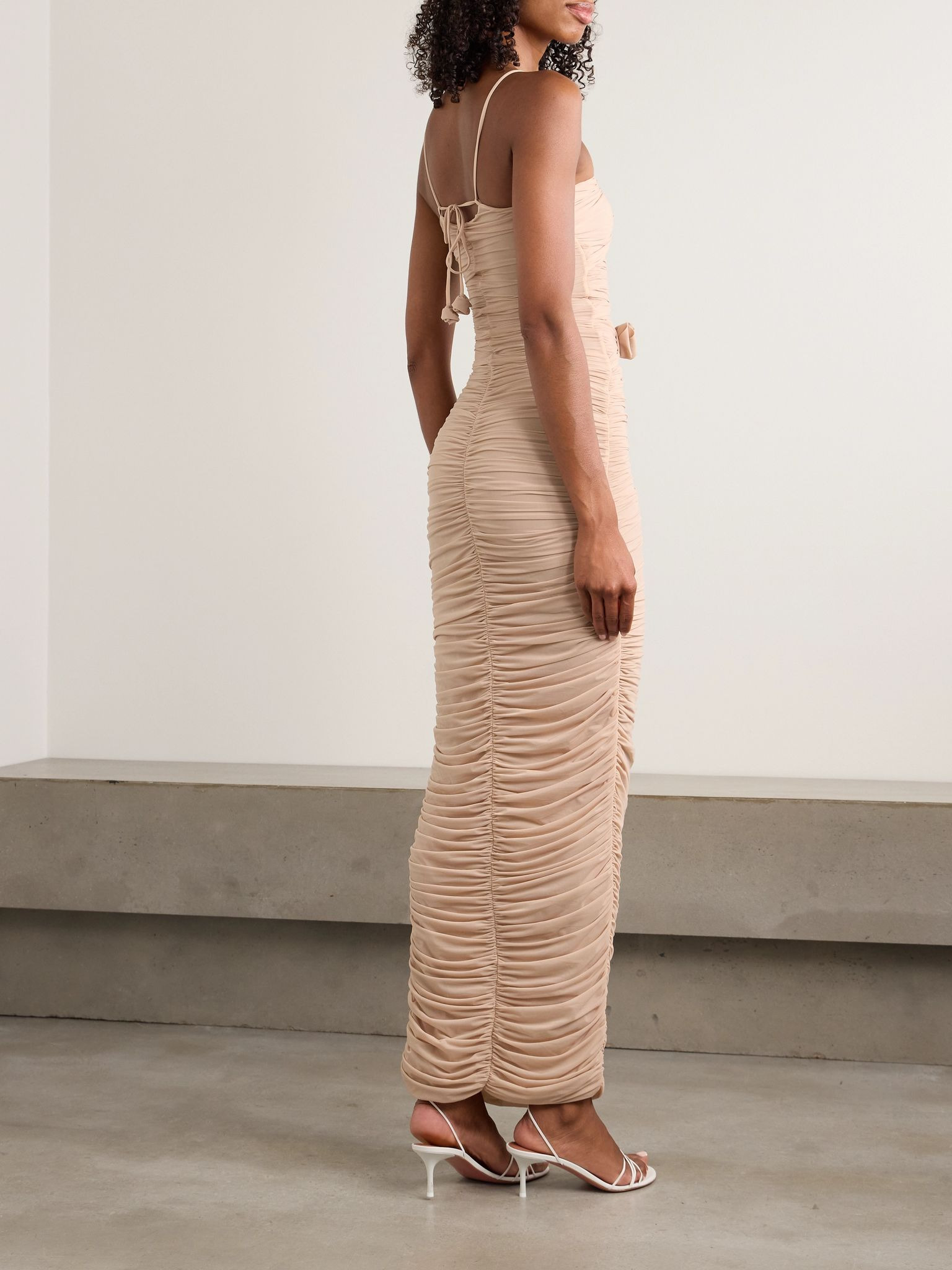 Veranera appliquéd ruched cutout stretch-jersey halterneck maxi dress Beige - 3