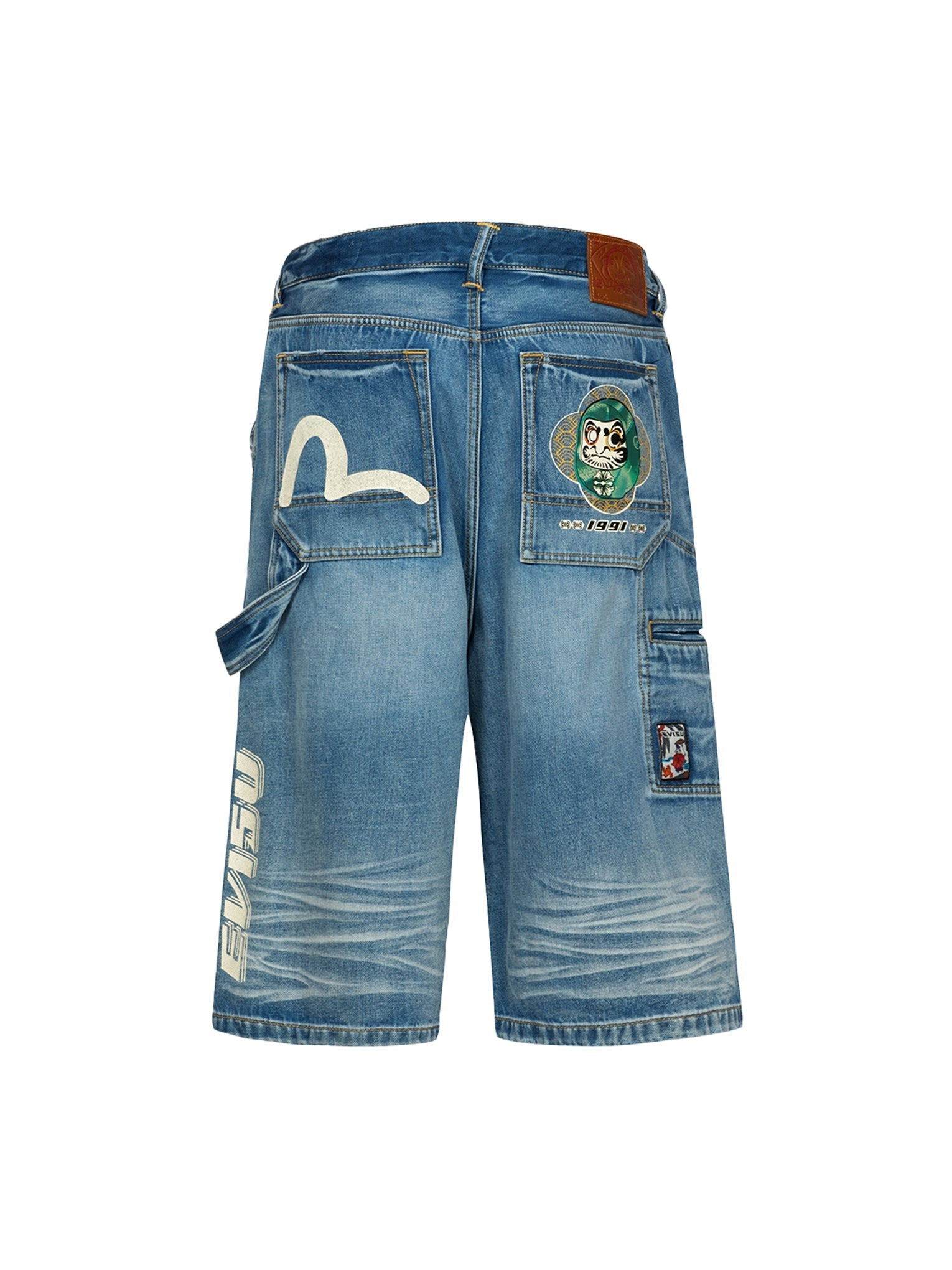 HANAFUDA DARUMA AND SEAGULL PRINT FASHION FIT DENIM SHORTS - 14