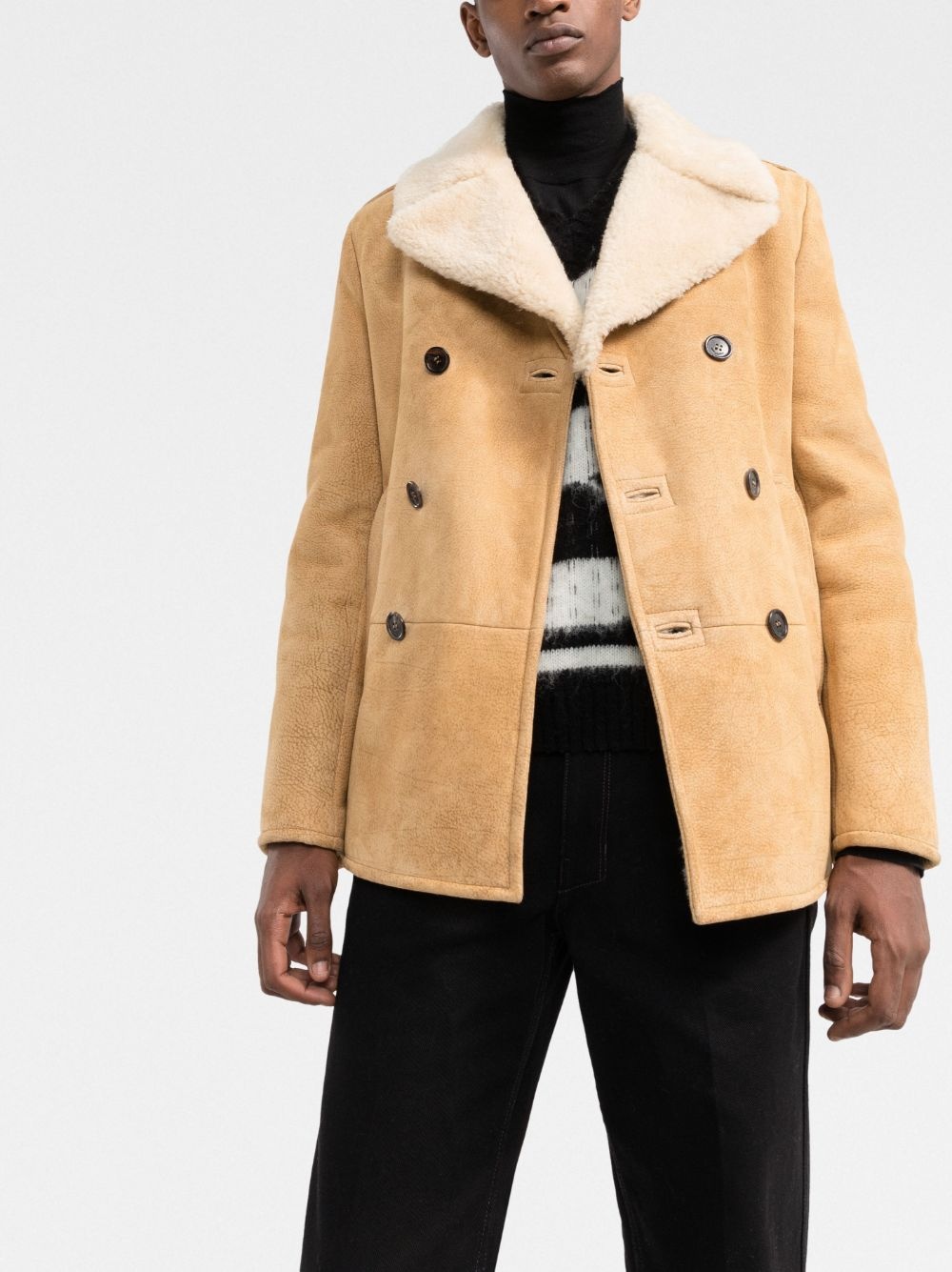 double-breasted shearling pea coat - 3