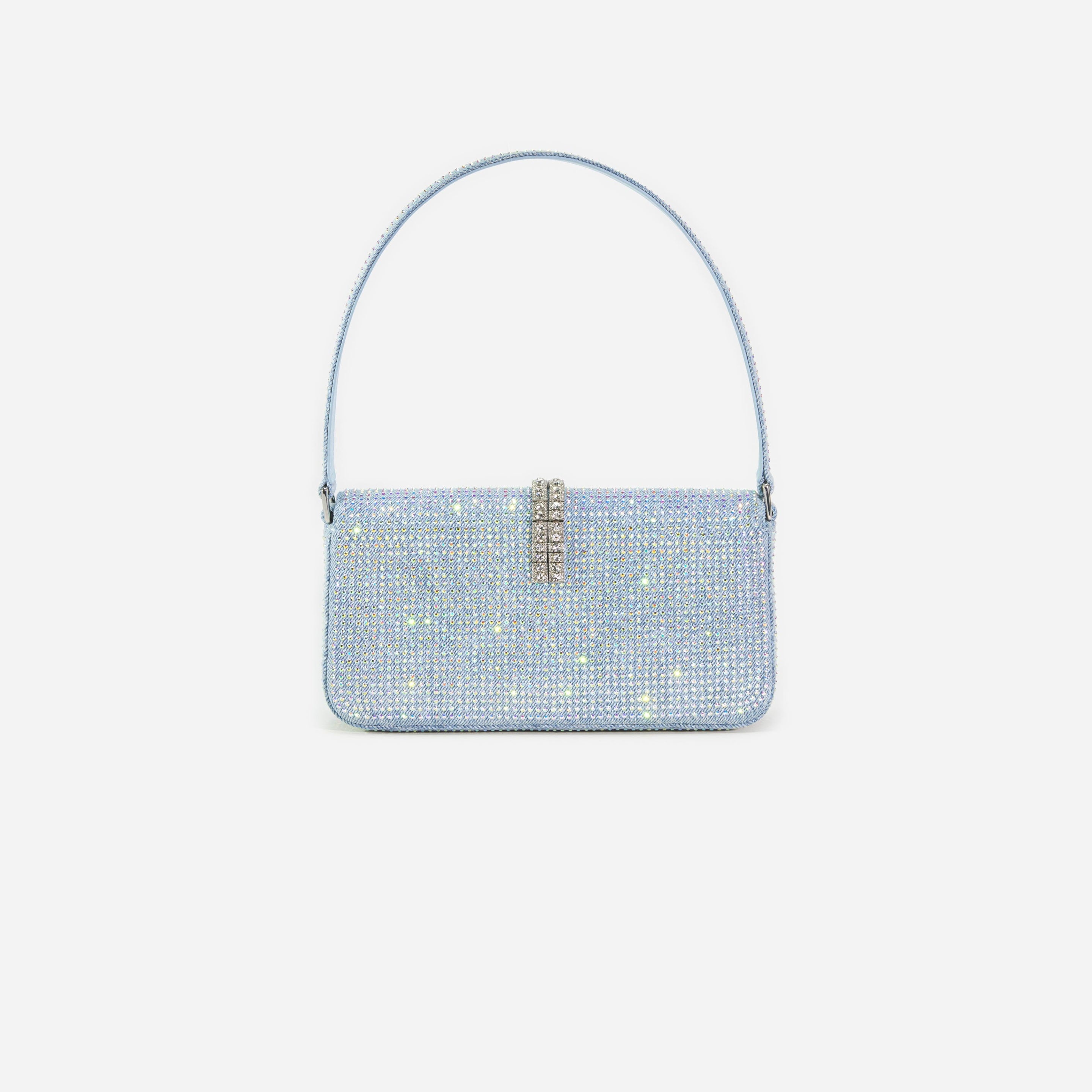 Blue Rhinestone Denim Baguette Bag - 3