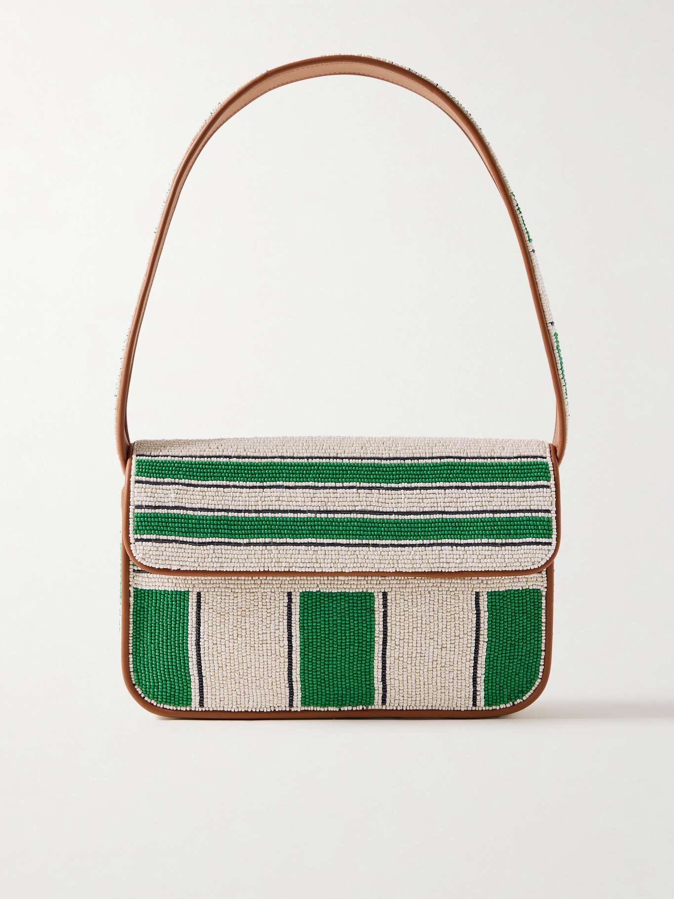 Tommy striped faux leather-trimmed beaded satin shoulder bag - 1