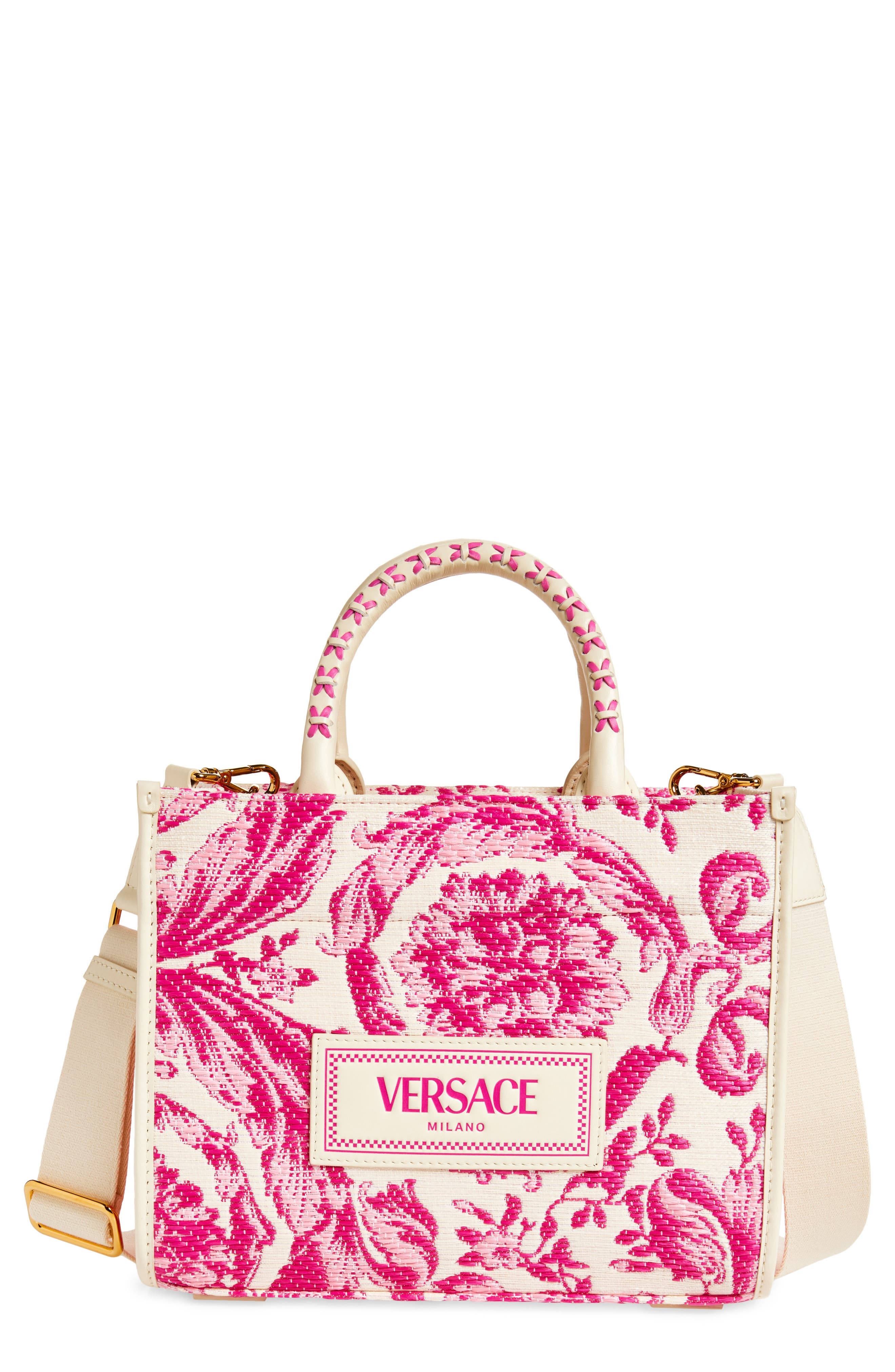 Versace Small Barocco Raffia Tote in Eggshell Dragon Fruit at Nordstrom - 1
