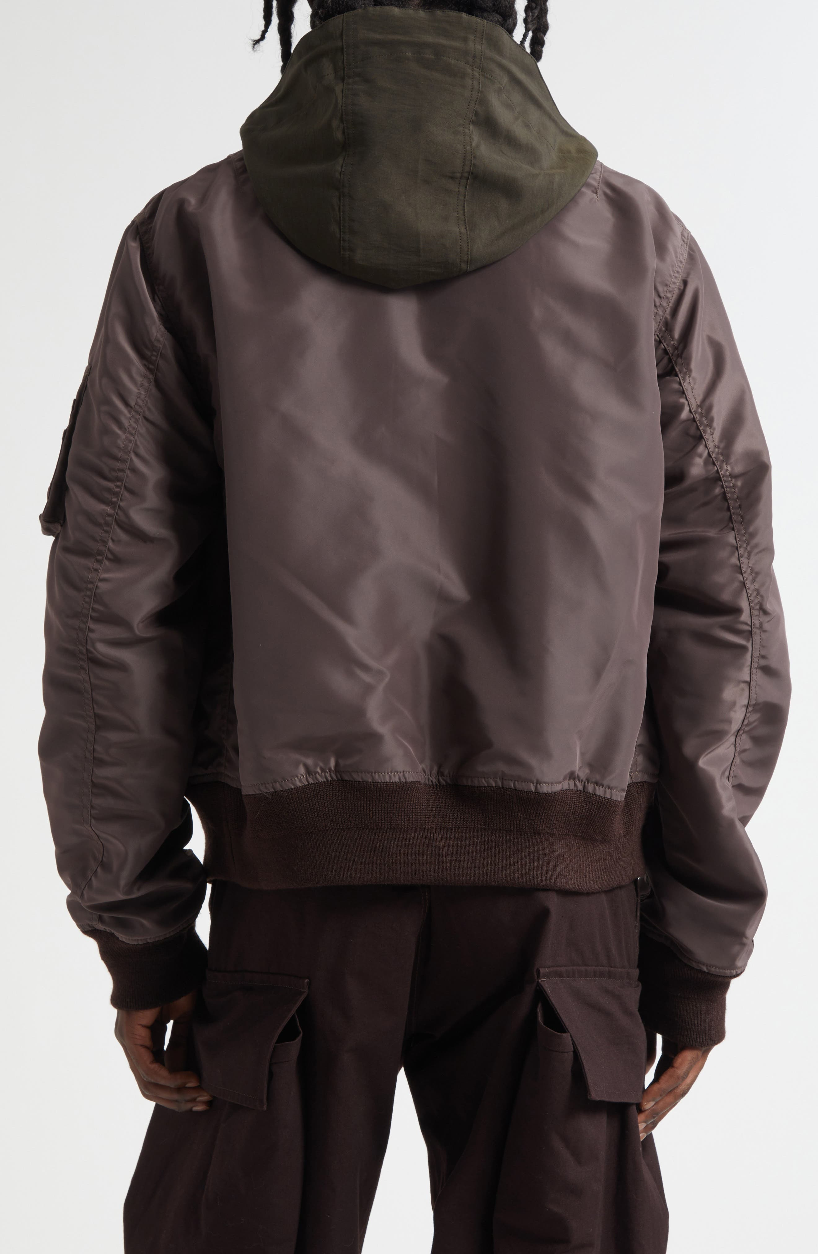 Sacai Hooded Mixed Media Jacket in Brown/Khaki at Nordstrom - 2