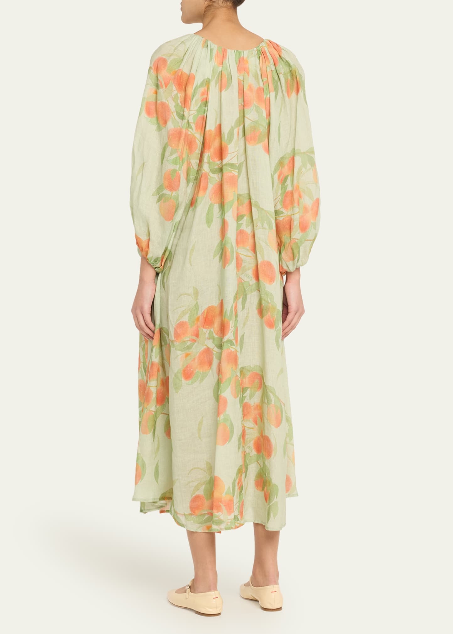 Peach Print Puff-Sleeve Linen Dress - 3